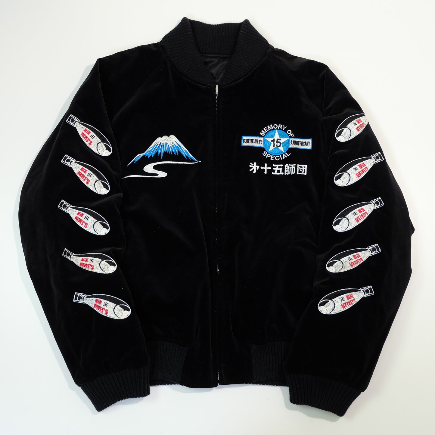 Golden Lobby Blue Velvet’s 15th Anniversary Reversible Sukajan Size 38 S – Japan Bomber Mt Fuji & Florida Flamingo Velvet Jacket