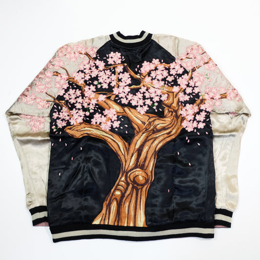 Japanese Japan SCRIPT Wagara Sakura Cherry Blossoms Tree Embroidered Embroidery Reversible Sukajan Souvenir Sukajum Skajum Yokosuka Jumper Bomber Velvet Jacket ( Size : M )