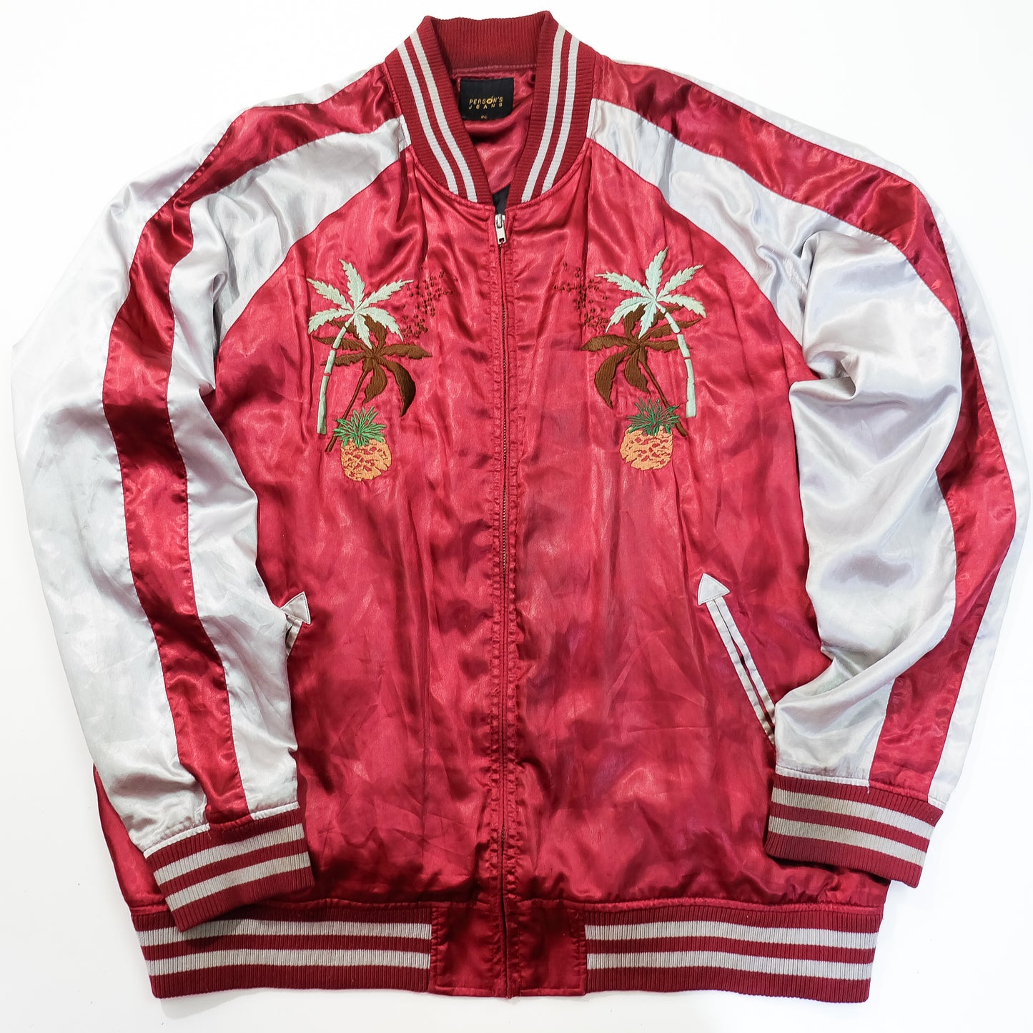Japanese Hawaiian Souvenir Bomber Jacket with Hula Dancer, Hibiscus, Pineapple, Palm Trees & Hawaiian Islands Embroidery