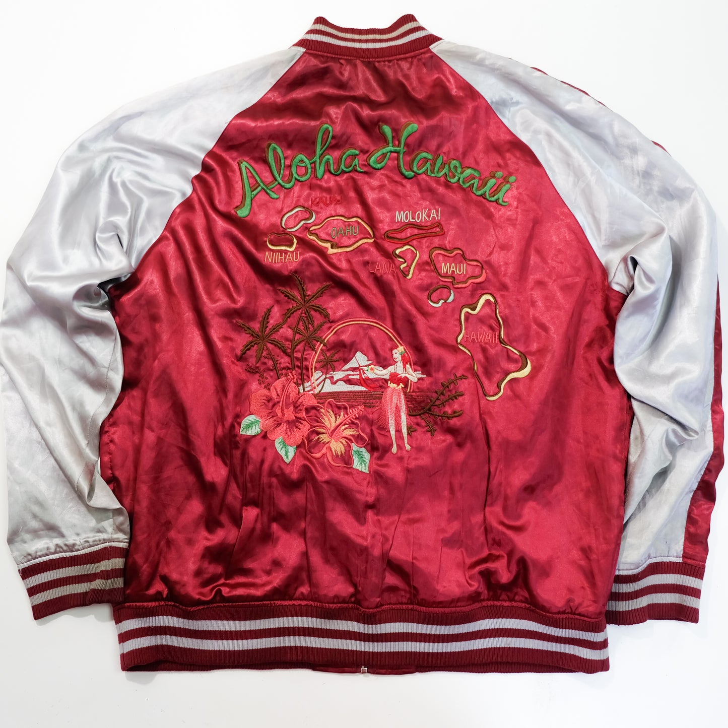 Japanese Hawaiian Souvenir Bomber Jacket with Hula Dancer, Hibiscus, Pineapple, Palm Trees & Hawaiian Islands Embroidery