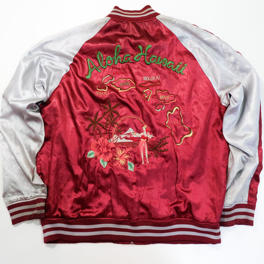 Japanese Hawaiian Souvenir Bomber Jacket with Hula Dancer, Hibiscus, Pineapple, Palm Trees & Hawaiian Islands Embroidery