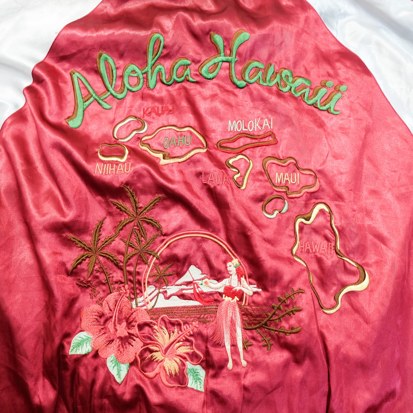 Japanese Hawaiian Souvenir Bomber Jacket with Hula Dancer, Hibiscus, Pineapple, Palm Trees & Hawaiian Islands Embroidery