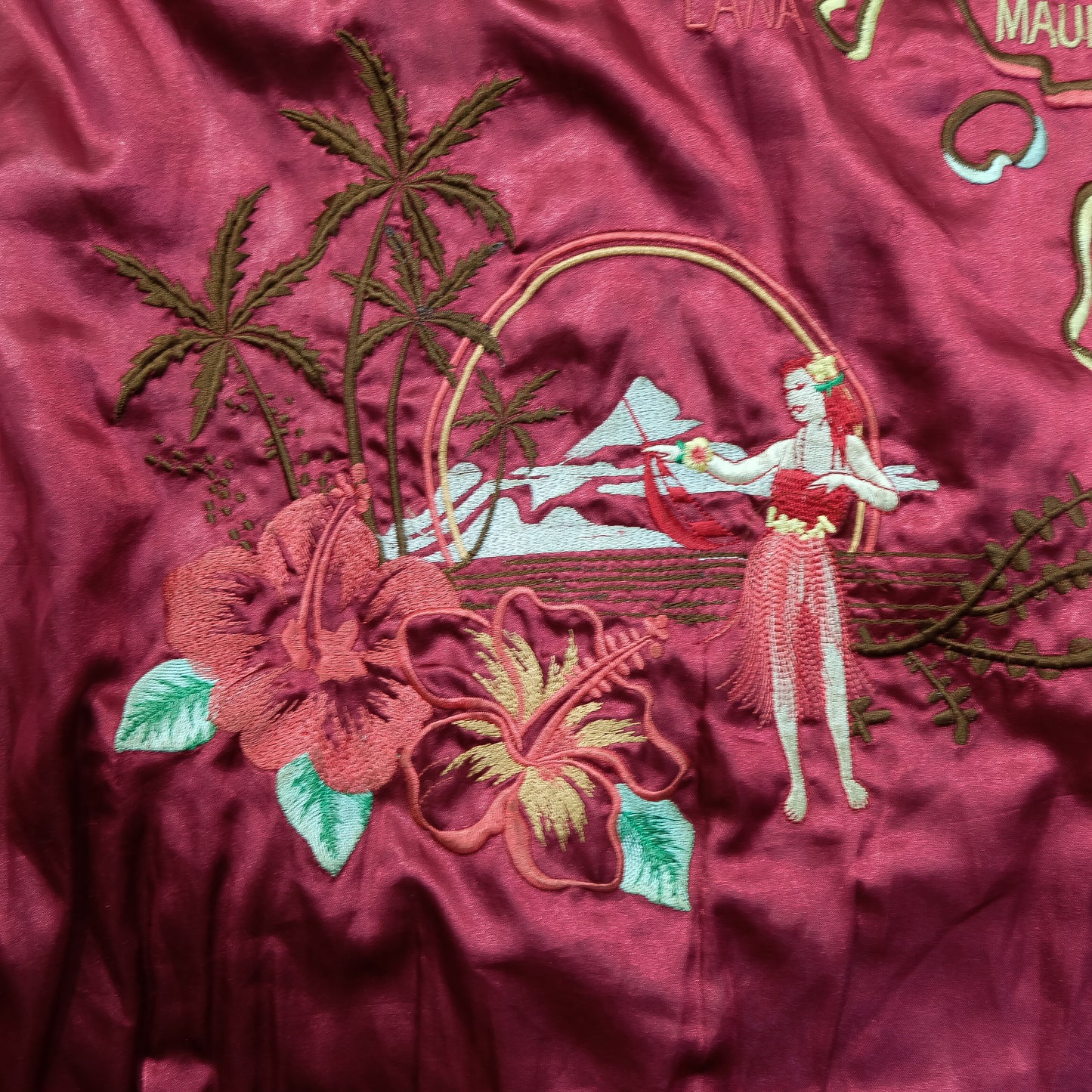 Japanese Hawaiian Souvenir Bomber Jacket with Hula Dancer, Hibiscus, Pineapple, Palm Trees & Hawaiian Islands Embroidery