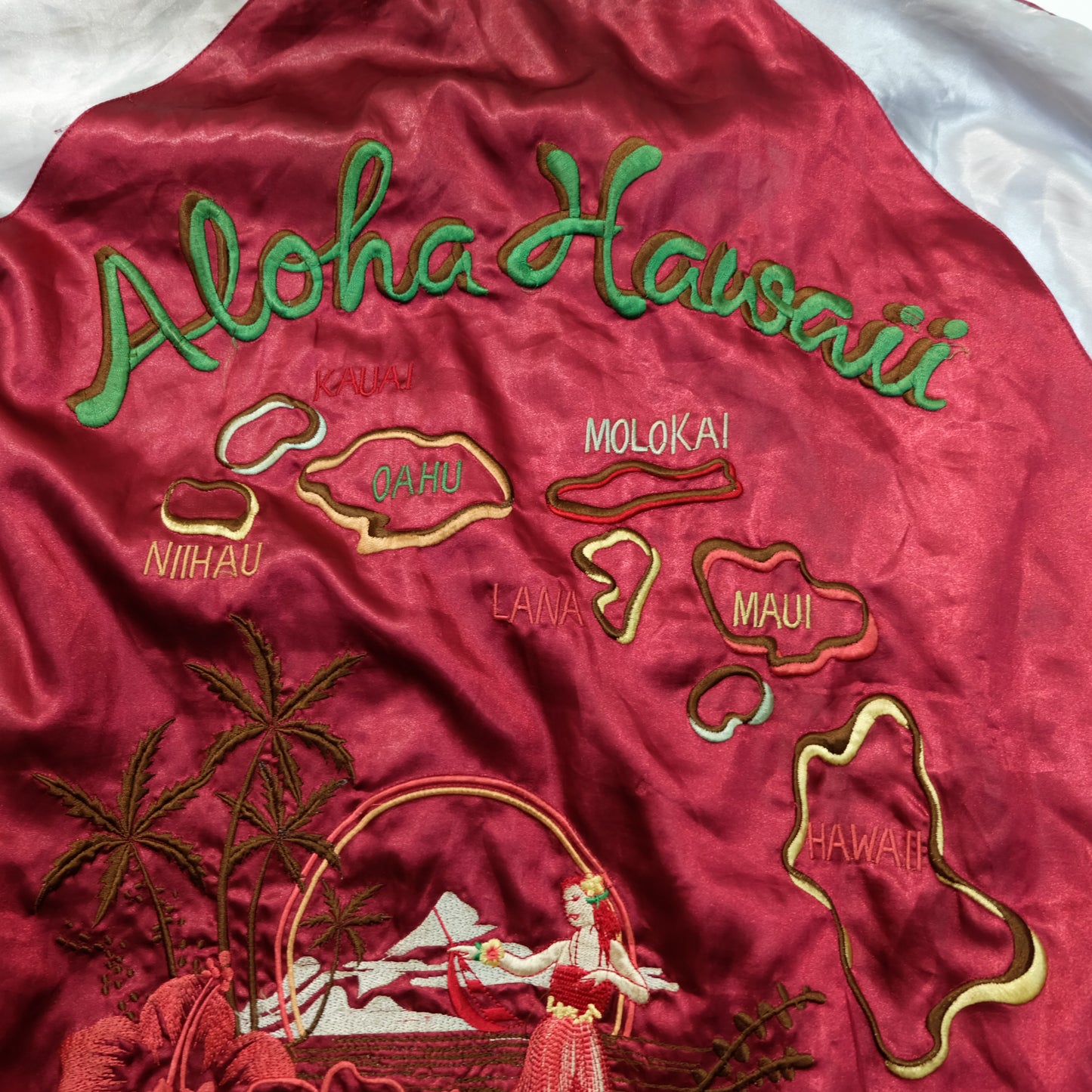 Japanese Hawaiian Souvenir Bomber Jacket with Hula Dancer, Hibiscus, Pineapple, Palm Trees & Hawaiian Islands Embroidery
