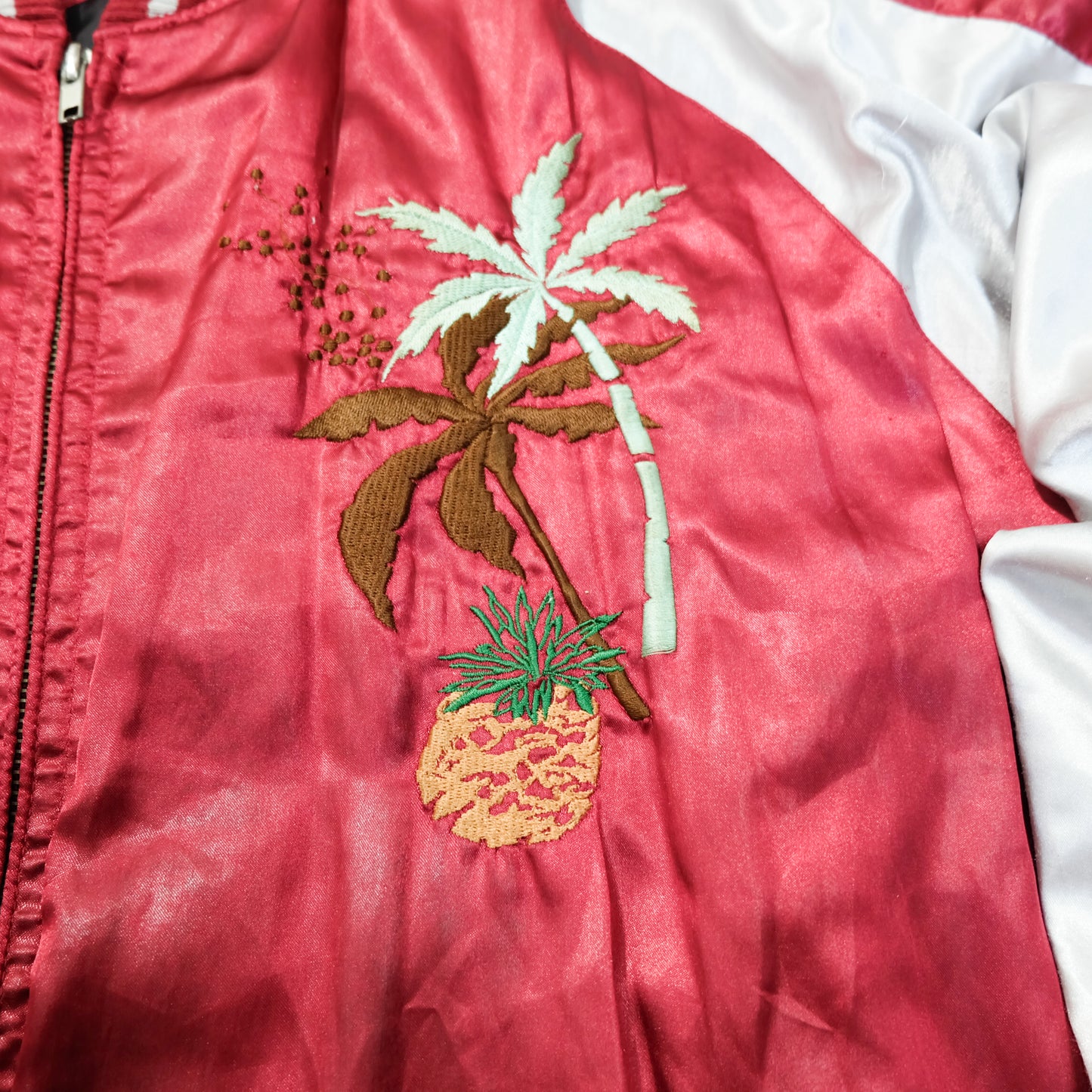 Japanese Hawaiian Souvenir Bomber Jacket with Hula Dancer, Hibiscus, Pineapple, Palm Trees & Hawaiian Islands Embroidery