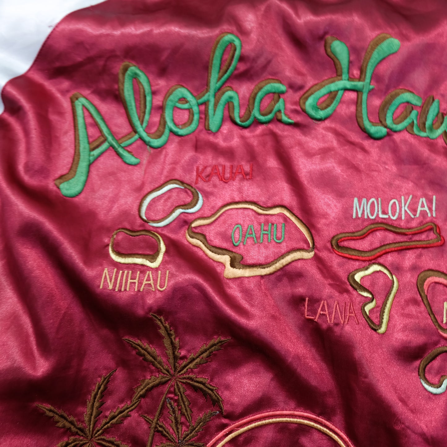 Japanese Hawaiian Souvenir Bomber Jacket with Hula Dancer, Hibiscus, Pineapple, Palm Trees & Hawaiian Islands Embroidery