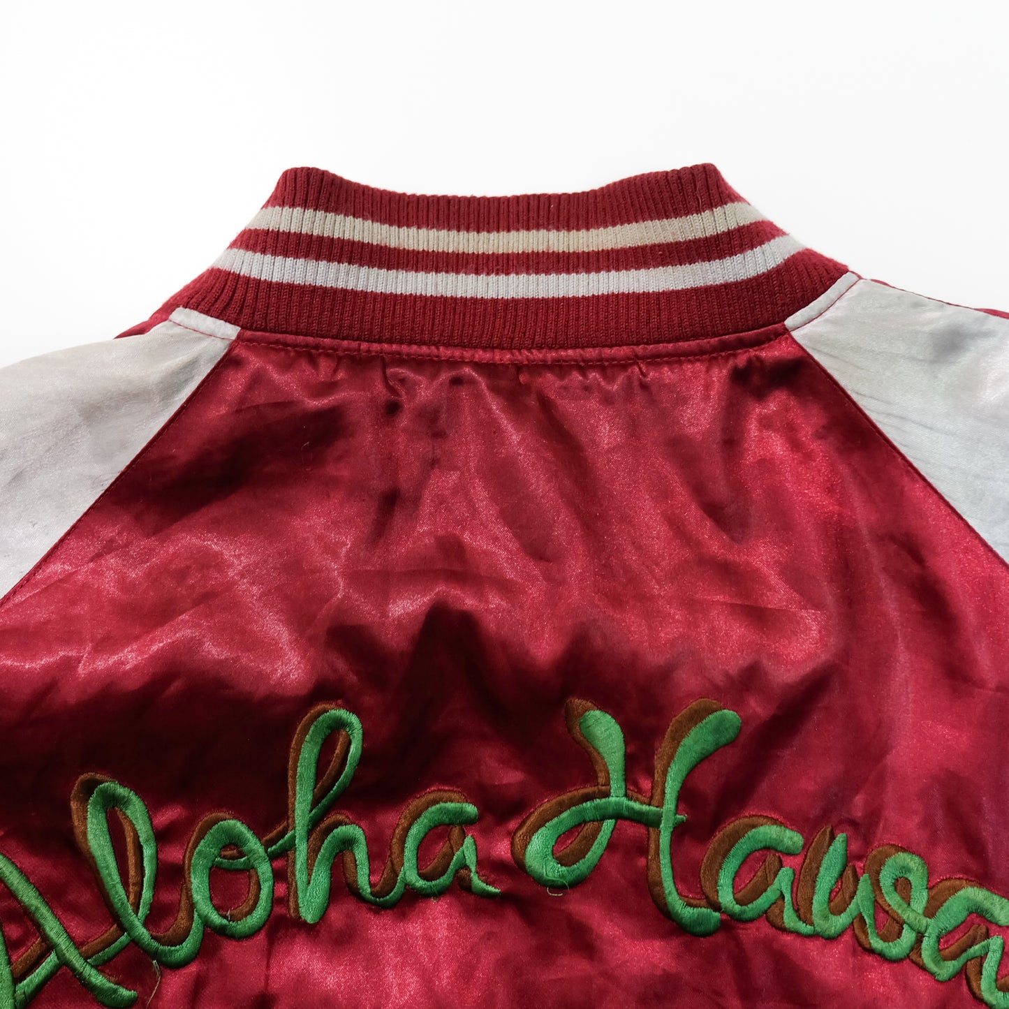 Japanese Hawaiian Souvenir Bomber Jacket with Hula Dancer, Hibiscus, Pineapple, Palm Trees & Hawaiian Islands Embroidery