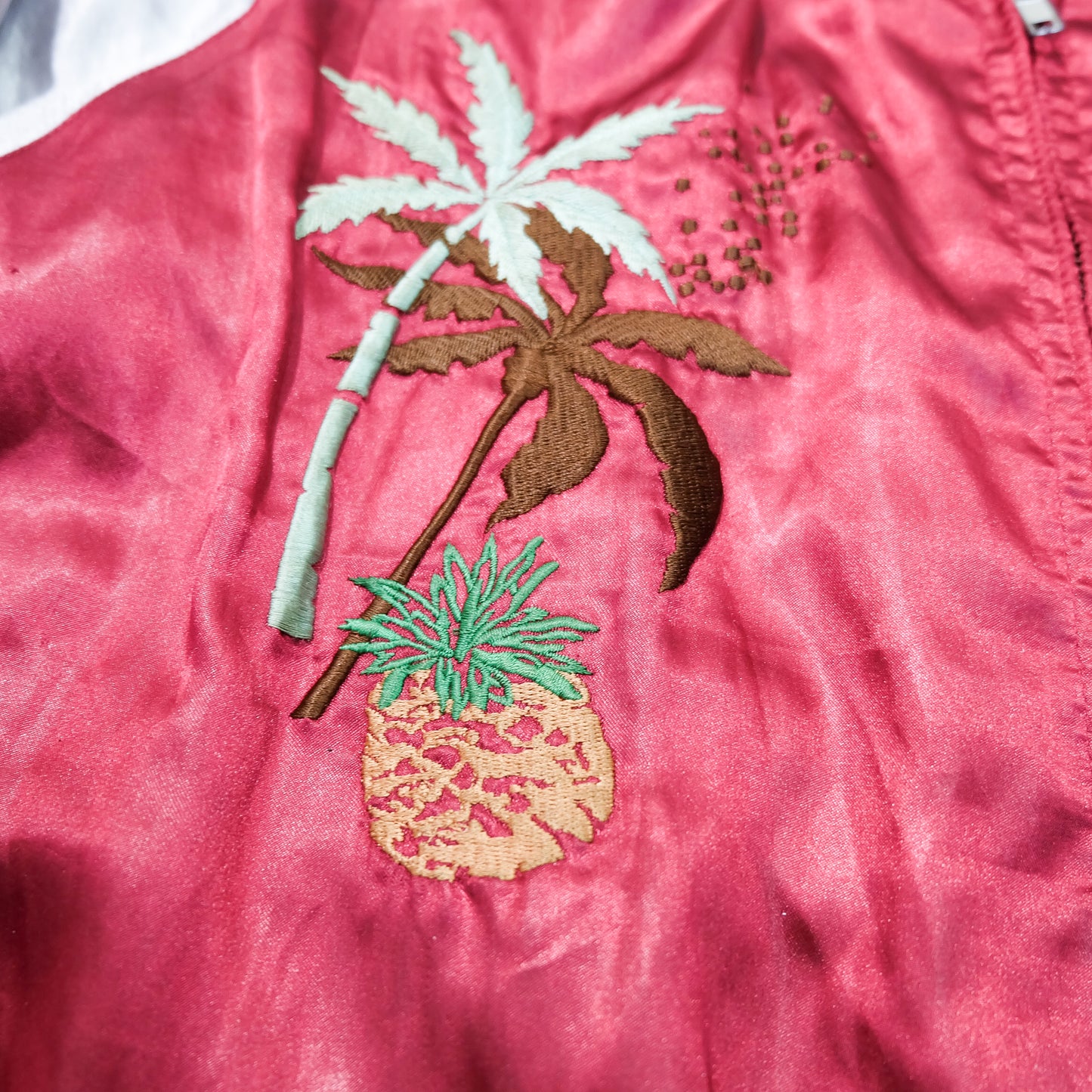 Japanese Hawaiian Souvenir Bomber Jacket with Hula Dancer, Hibiscus, Pineapple, Palm Trees & Hawaiian Islands Embroidery