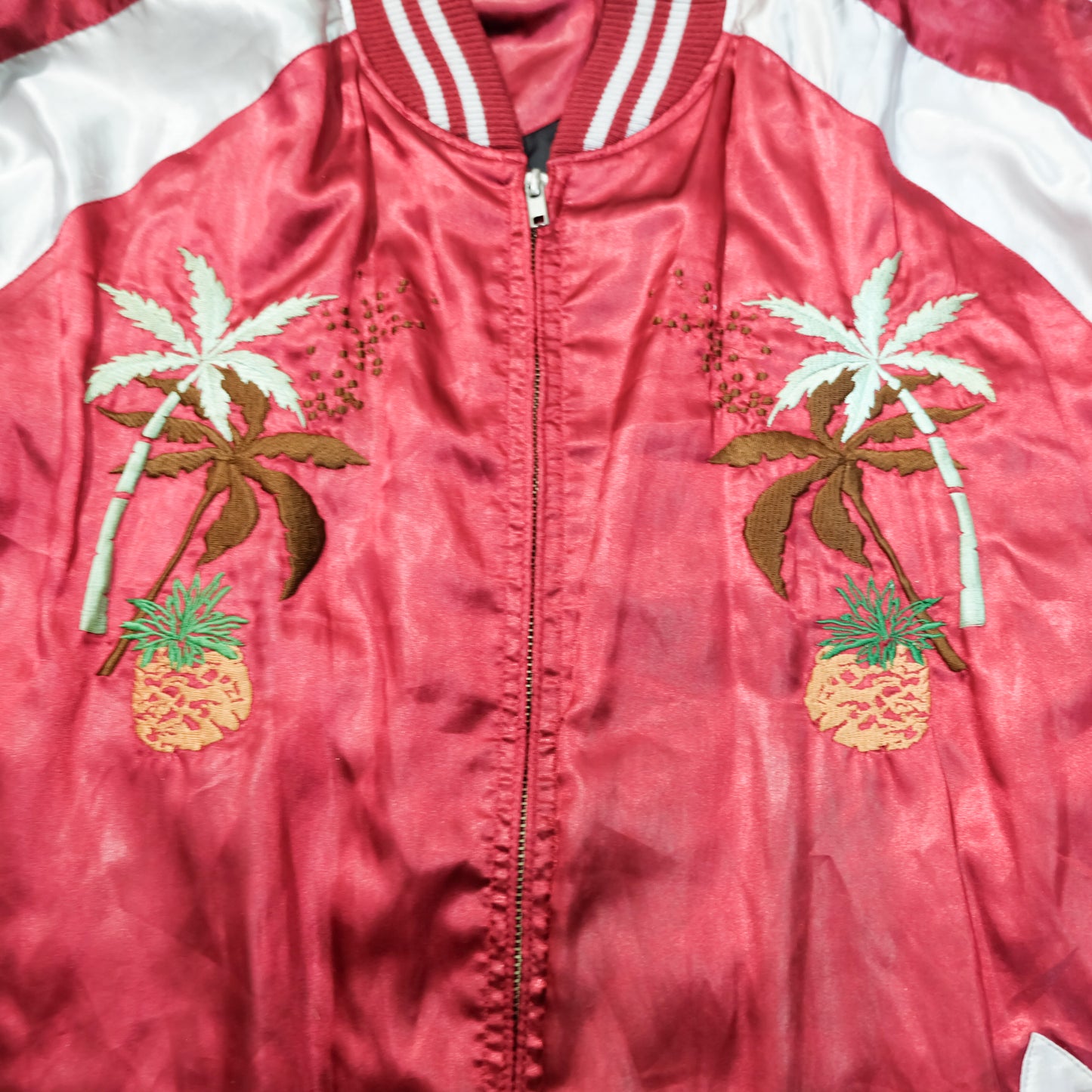 Japanese Hawaiian Souvenir Bomber Jacket with Hula Dancer, Hibiscus, Pineapple, Palm Trees & Hawaiian Islands Embroidery