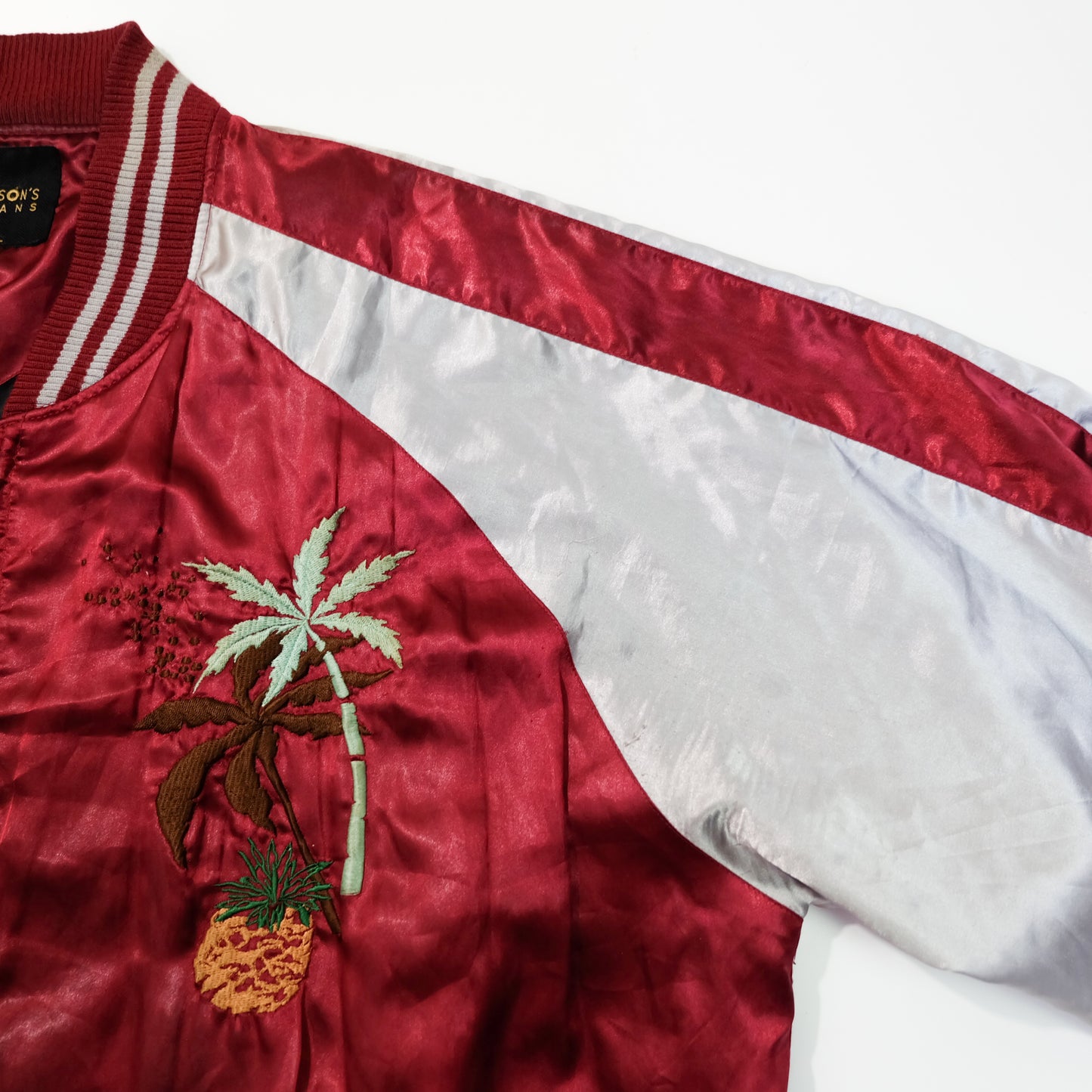 Japanese Hawaiian Souvenir Bomber Jacket with Hula Dancer, Hibiscus, Pineapple, Palm Trees & Hawaiian Islands Embroidery