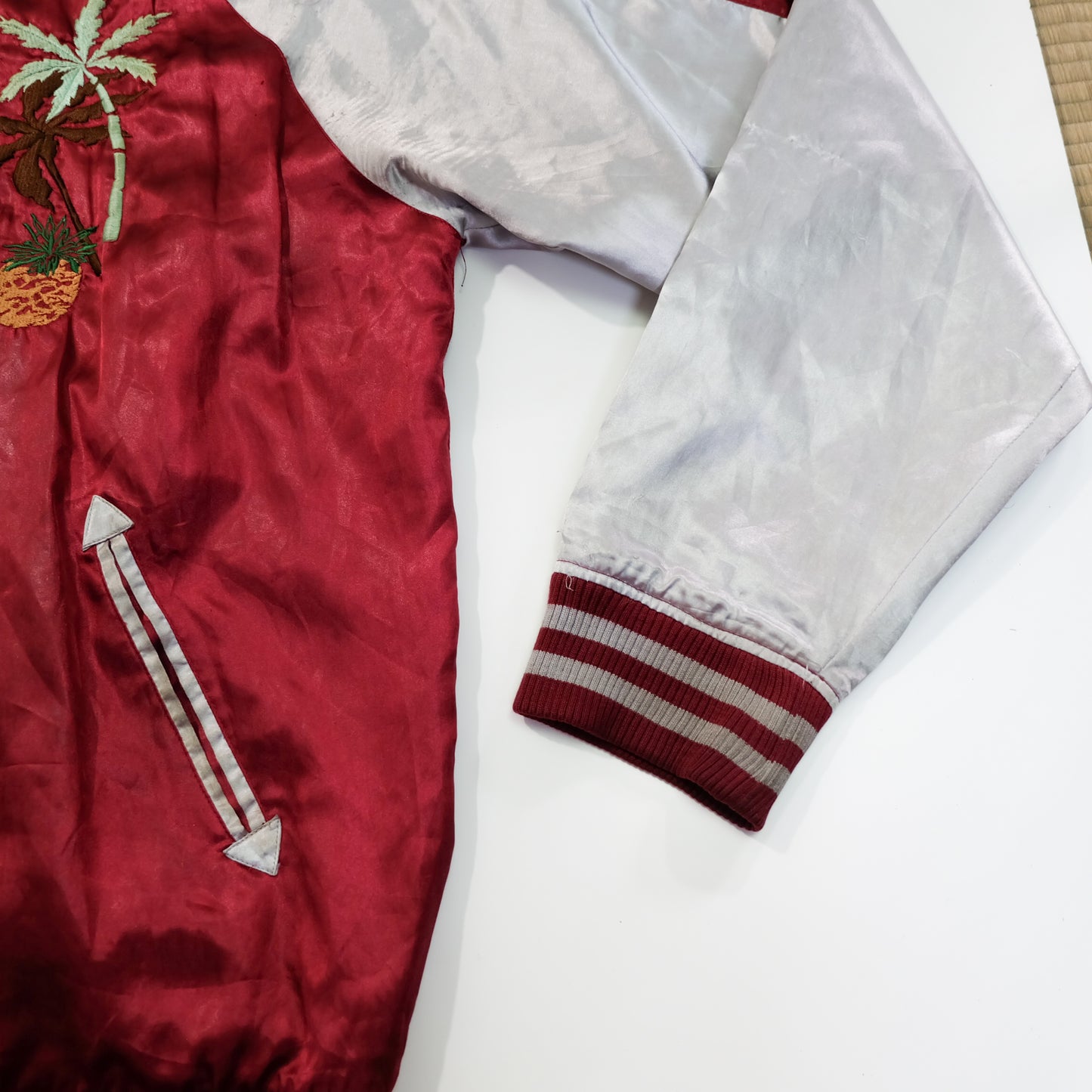 Japanese Hawaiian Souvenir Bomber Jacket with Hula Dancer, Hibiscus, Pineapple, Palm Trees & Hawaiian Islands Embroidery