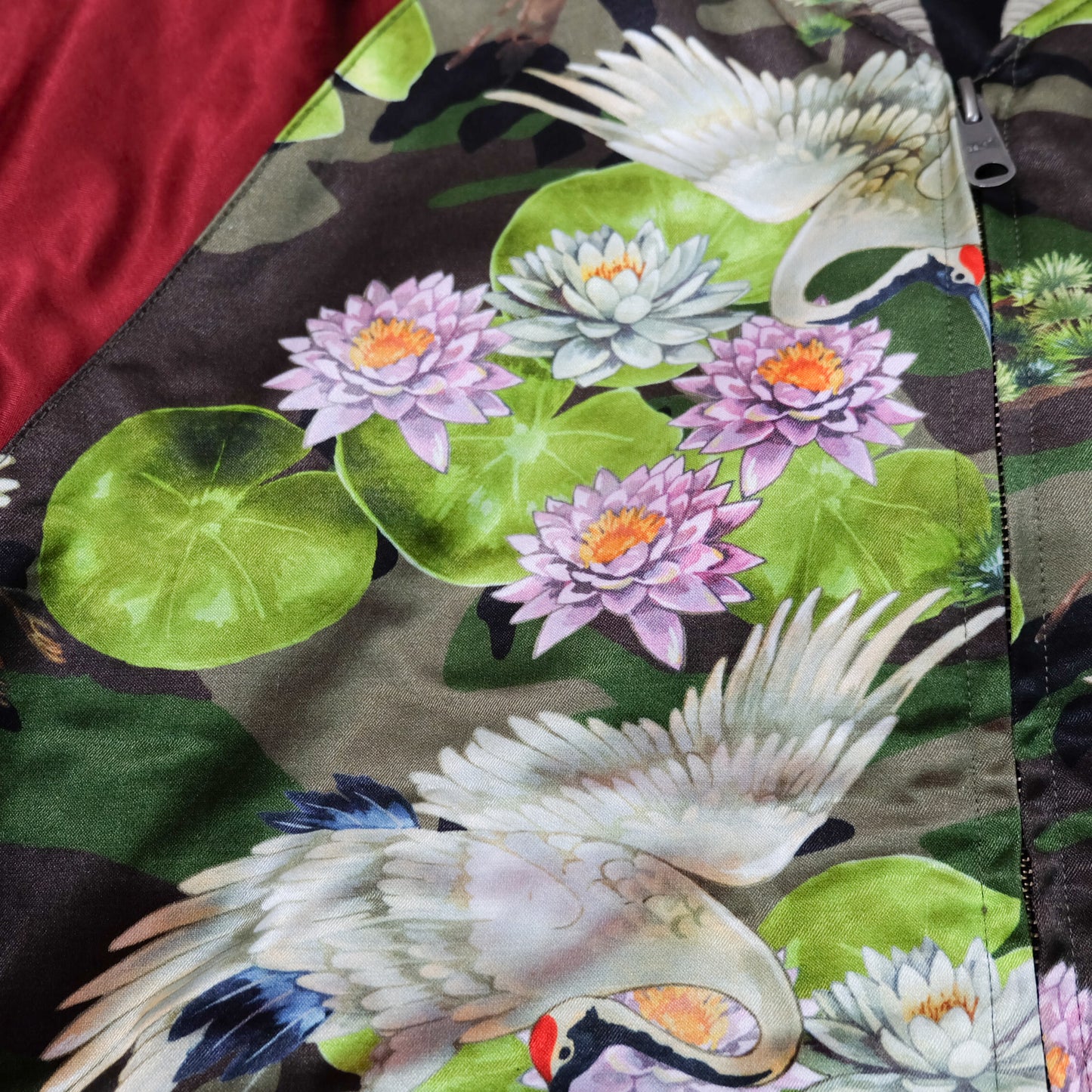 EXILE 24karats Luxury Japanese Embroidery Jacket with Flying Cranes, Lotus Flowers & Black Satin Reverse