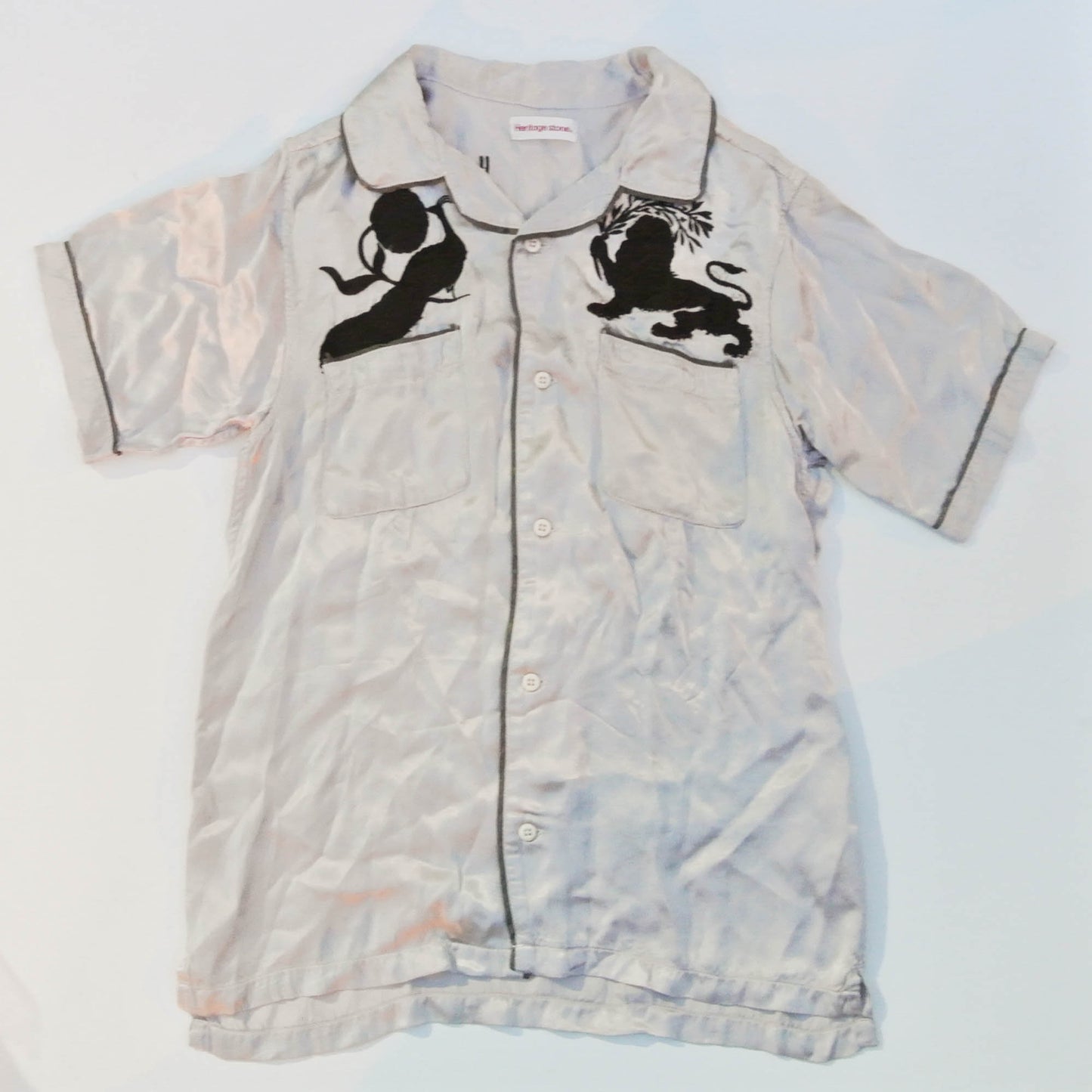 Heritage Stone Japanese Wagara Aloha Shirt – Hand-Drawn Buddhist Geisha, Monkey & Lion Motif Art Shirt Size M