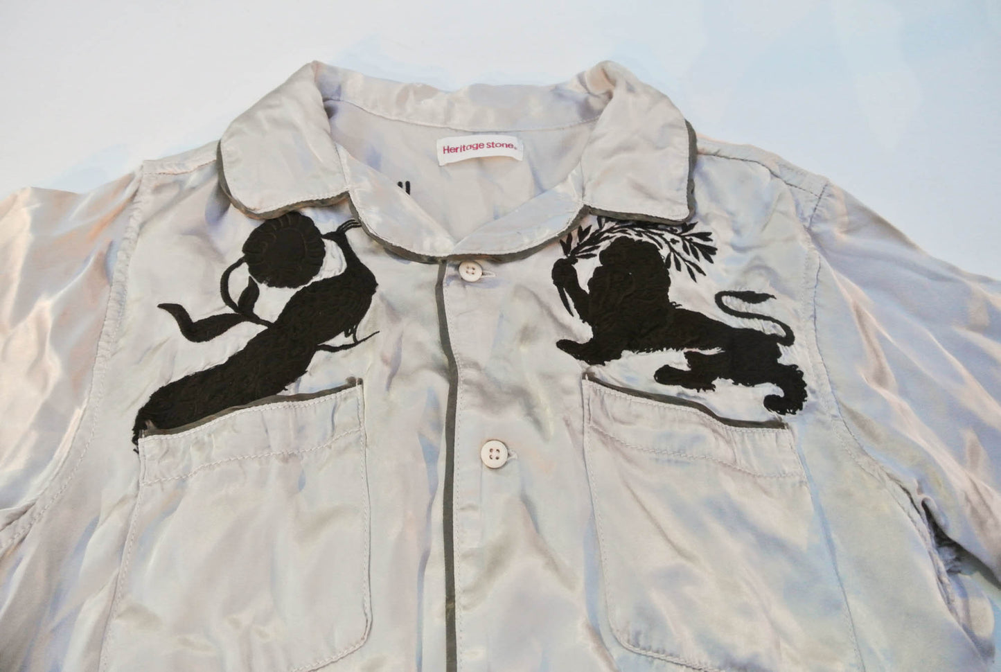 Heritage Stone Japanese Wagara Aloha Shirt – Hand-Drawn Buddhist Geisha, Monkey & Lion Motif Art Shirt Size M