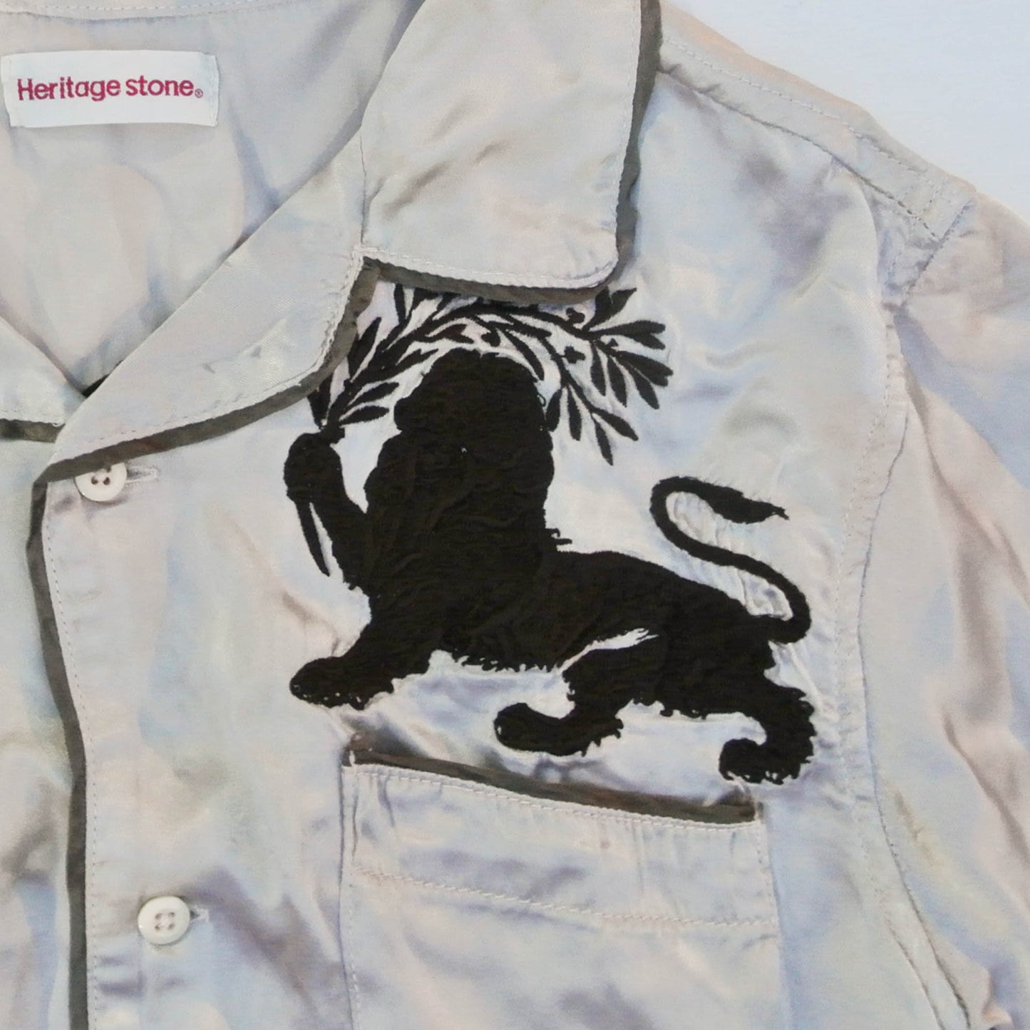 Heritage Stone Japanese Wagara Aloha Shirt – Hand-Drawn Buddhist Geisha, Monkey & Lion Motif Art Shirt Size M