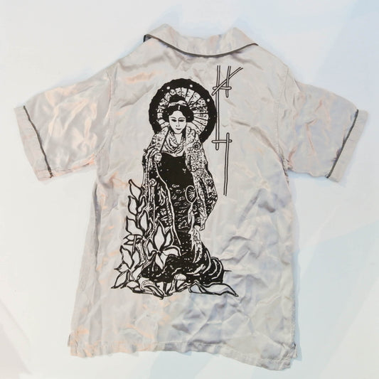 Heritage Stone Japanese Wagara Aloha Shirt – Hand-Drawn Buddhist Geisha, Monkey & Lion Motif Art Shirt Size M