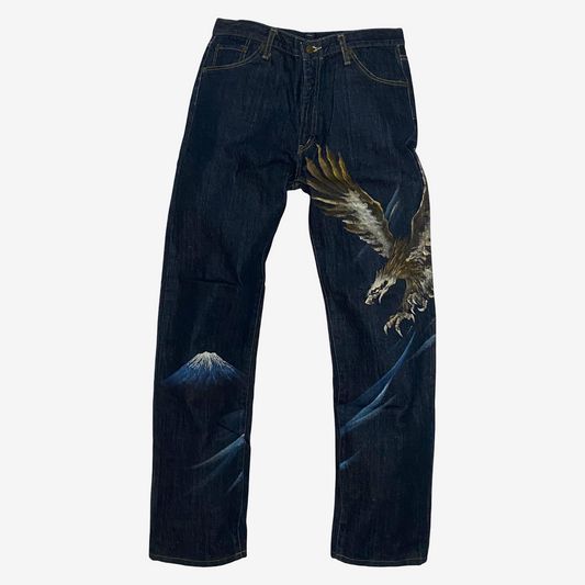 Vintage Indigo Blue Hand Painted Eagle & Mount Fuji Japanese Denim Jeans | Artist Painted Japanese Jeans | Biker Selvedge Style Denim | Size 33
