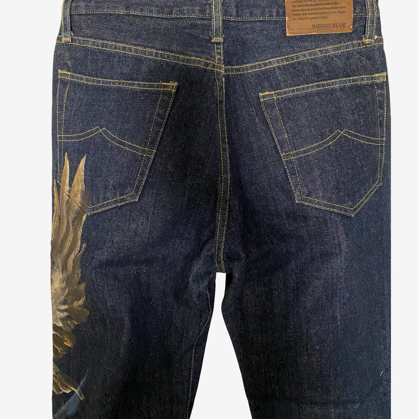 Vintage Indigo Blue Hand Painted Eagle & Mount Fuji Japanese Denim Jeans | Artist Painted Japanese Jeans | Biker Selvedge Style Denim | Size 33
