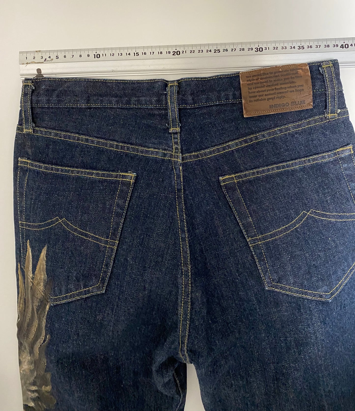 Vintage Indigo Blue Hand Painted Eagle & Mount Fuji Japanese Denim Jeans | Artist Painted Japanese Jeans | Biker Selvedge Style Denim | Size 33