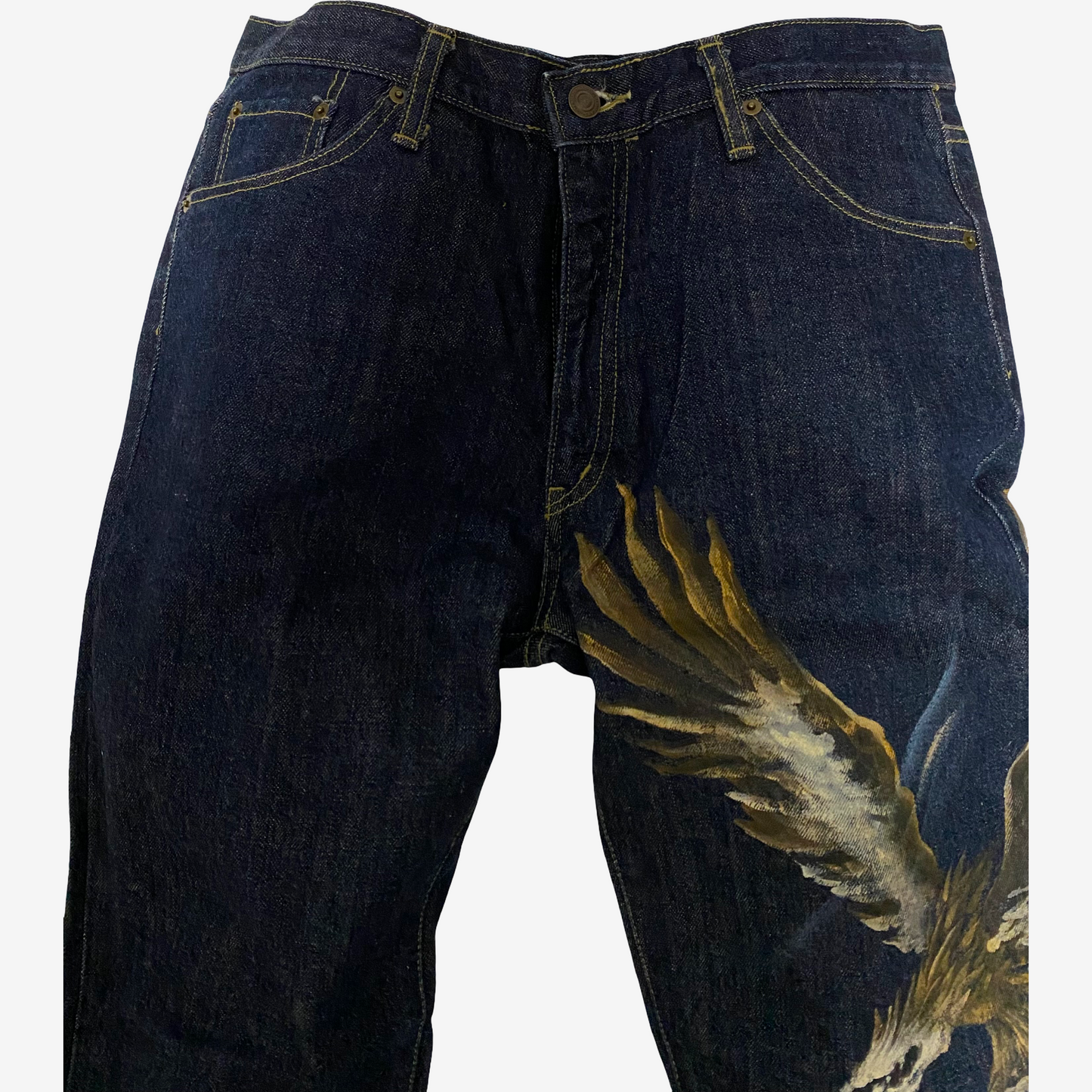 Vintage Indigo Blue Hand Painted Eagle & Mount Fuji Japanese Denim Jeans | Artist Painted Japanese Jeans | Biker Selvedge Style Denim | Size 33