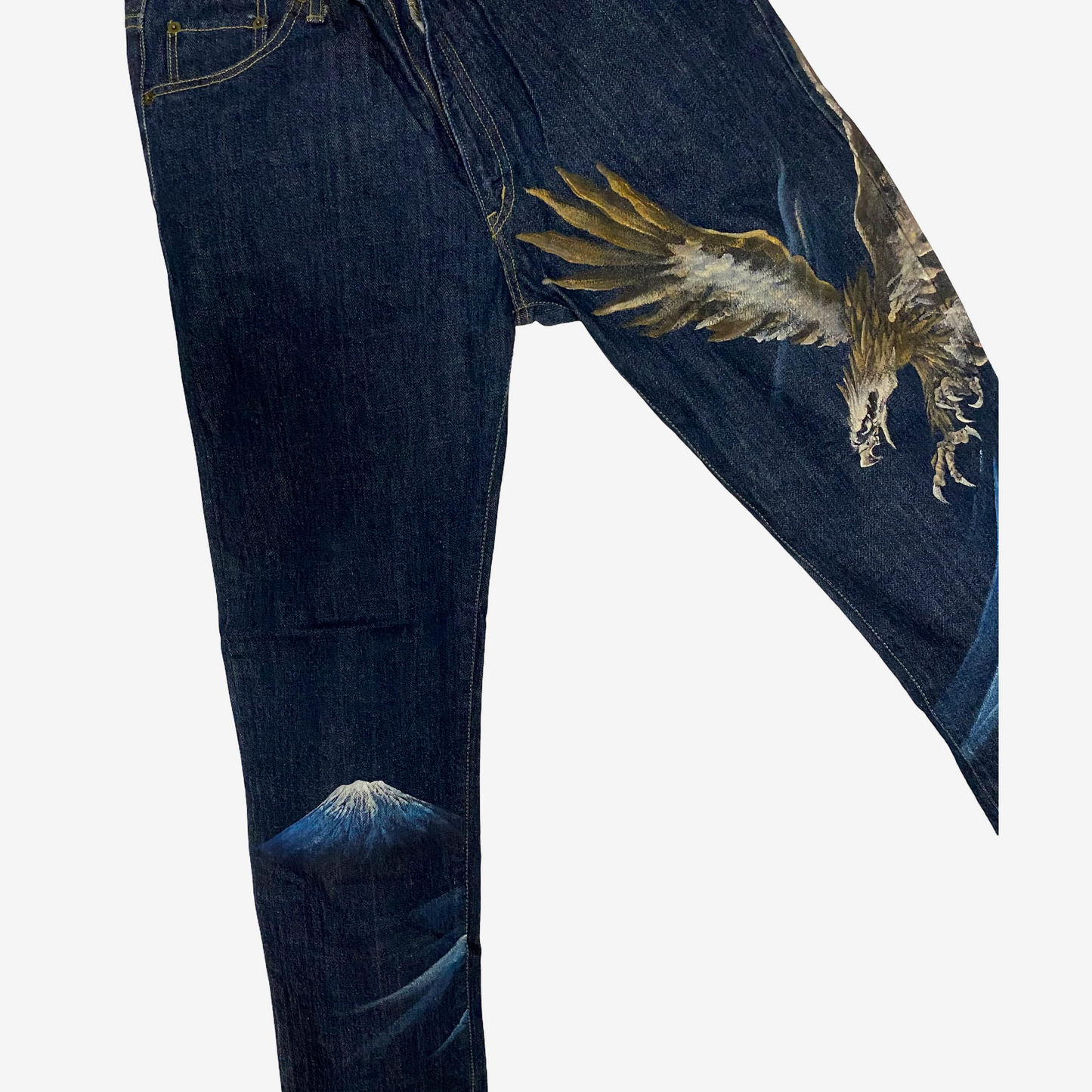 Vintage Indigo Blue Hand Painted Eagle & Mount Fuji Japanese Denim Jeans | Artist Painted Japanese Jeans | Biker Selvedge Style Denim | Size 33