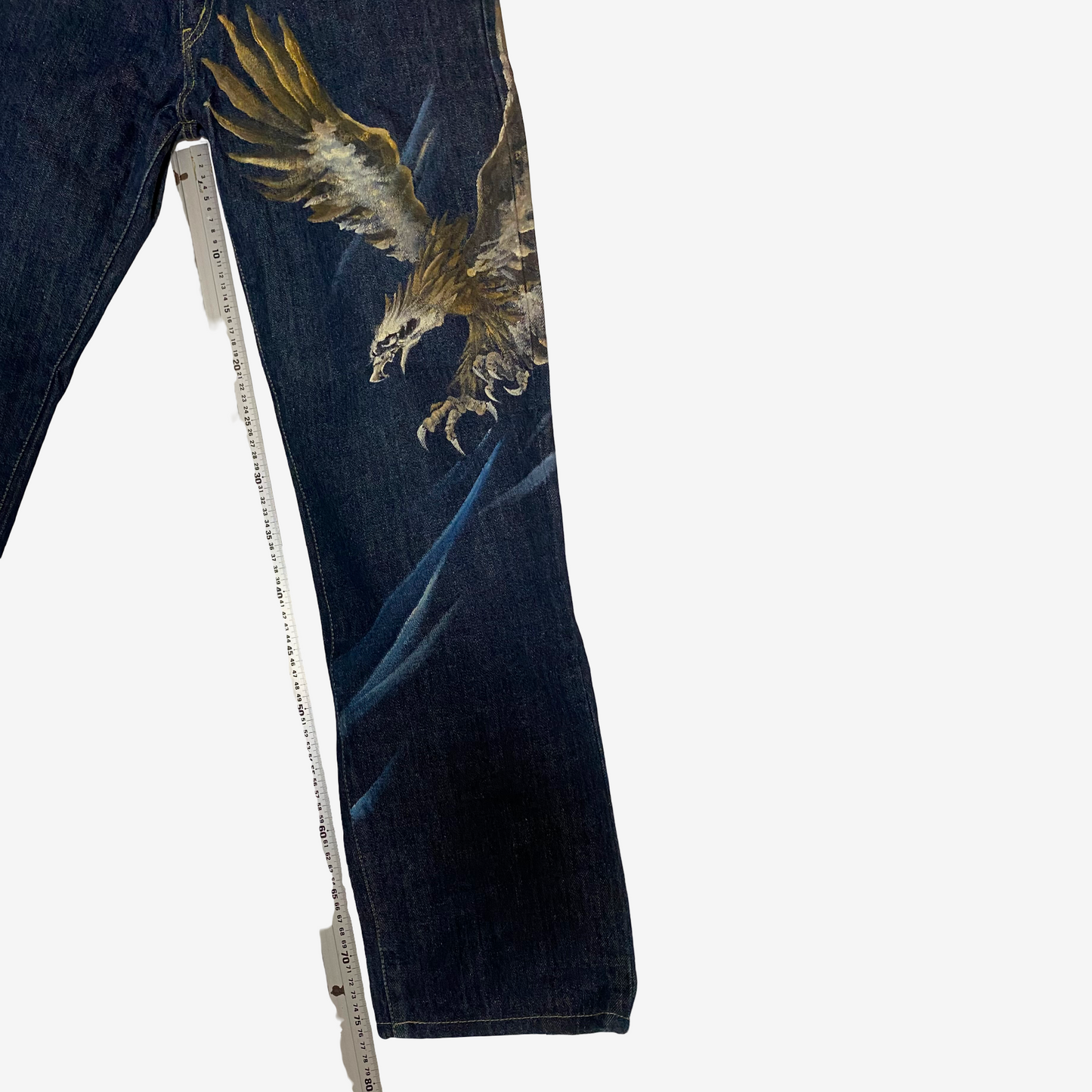 Vintage Indigo Blue Hand Painted Eagle & Mount Fuji Japanese Denim Jeans | Artist Painted Japanese Jeans | Biker Selvedge Style Denim | Size 33
