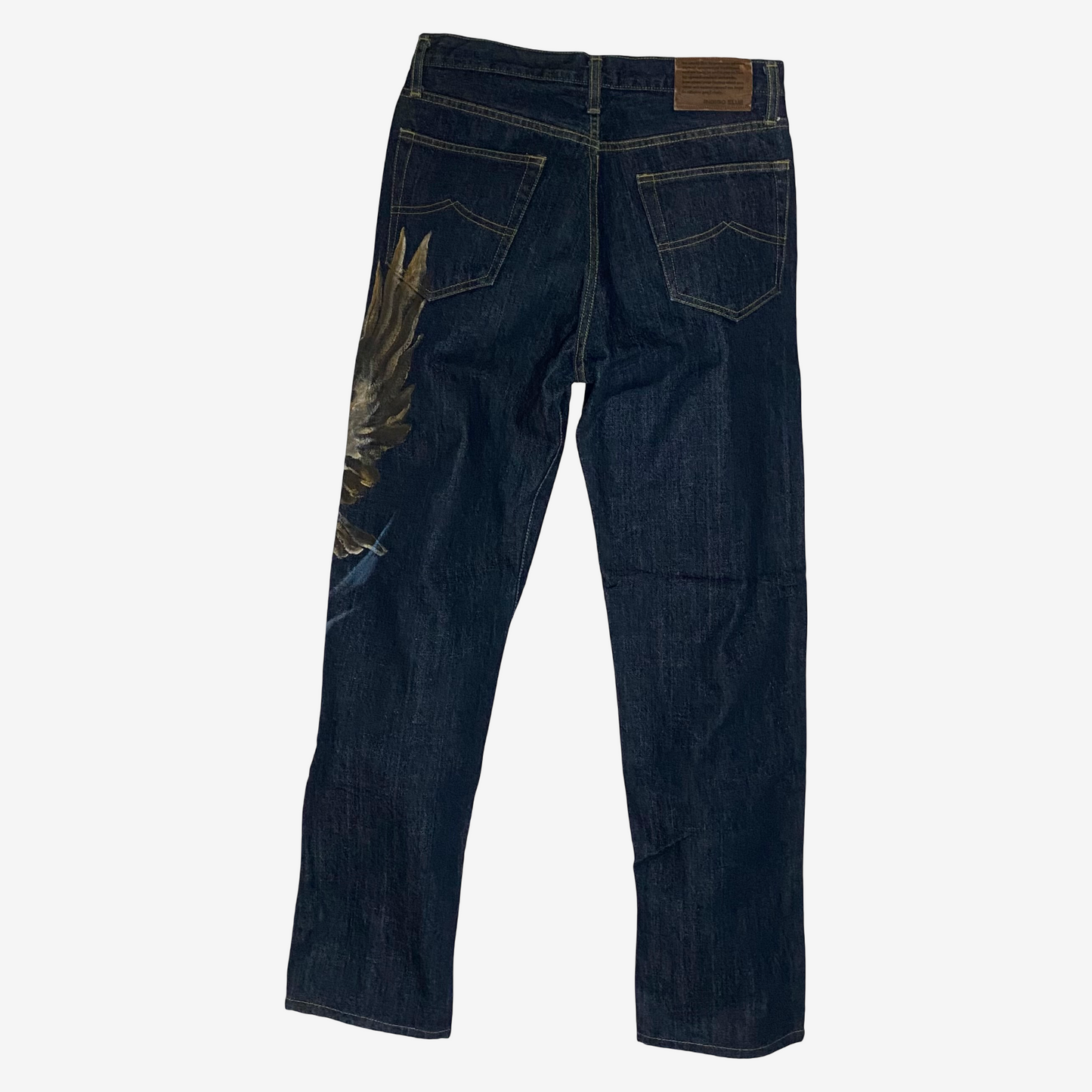Vintage Indigo Blue Hand Painted Eagle & Mount Fuji Japanese Denim Jeans | Artist Painted Japanese Jeans | Biker Selvedge Style Denim | Size 33