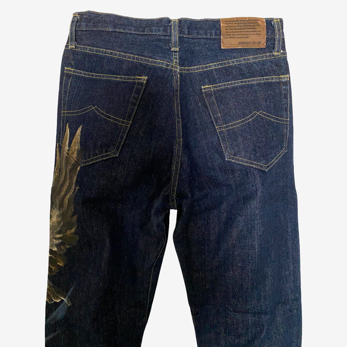 Vintage Indigo Blue Hand Painted Eagle & Mount Fuji Japanese Denim Jeans | Artist Painted Japanese Jeans | Biker Selvedge Style Denim | Size 33