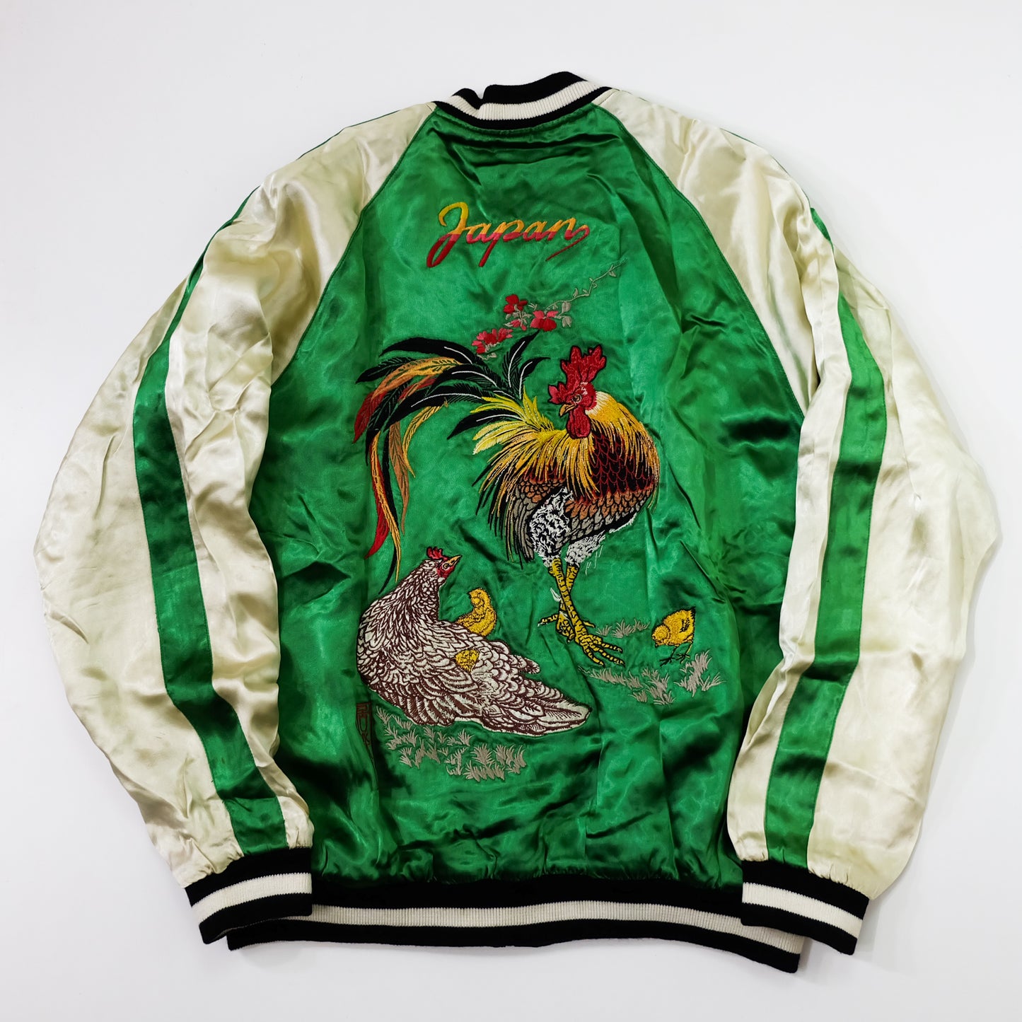 IOLANI Vintage Japanese Sukajan Jacket Rooster Chicken Embroidery Reversible Souvenir Bomber Tour Jacket Green Navy Zodiac Y2K