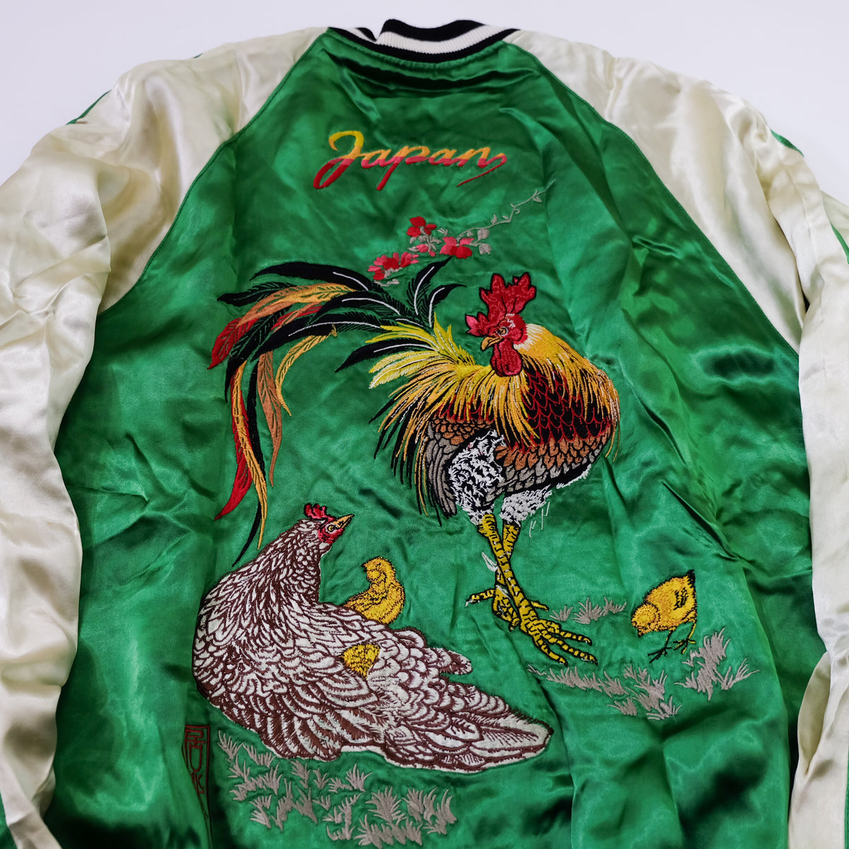 IOLANI Vintage Japanese Sukajan Jacket Rooster Chicken Embroidery Reversible Souvenir Bomber Tour Jacket Green Navy Zodiac Y2K