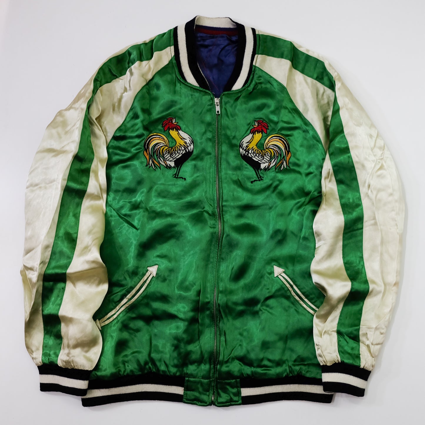 IOLANI Vintage Japanese Sukajan Jacket Rooster Chicken Embroidery Reversible Souvenir Bomber Tour Jacket Green Navy Zodiac Y2K