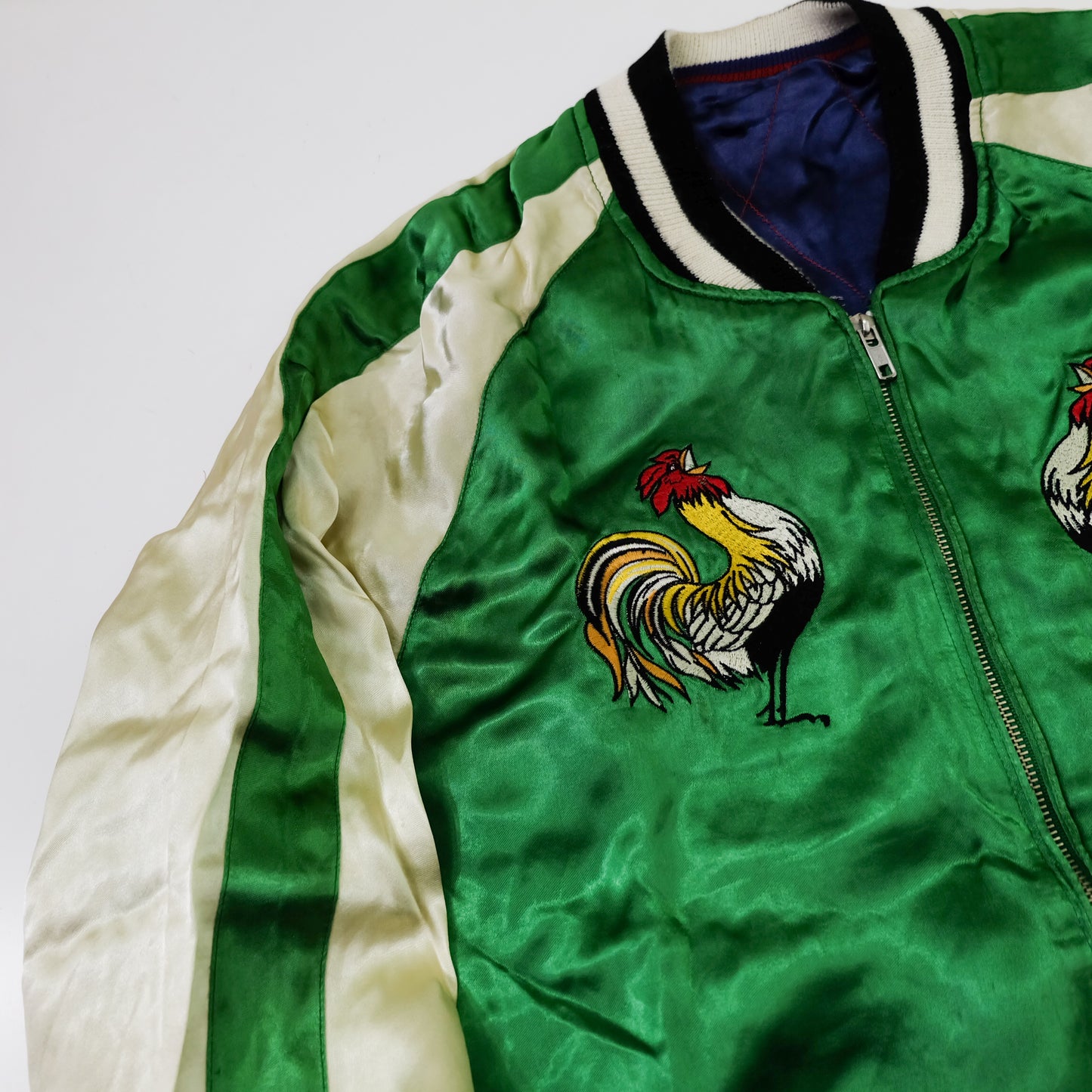 IOLANI Vintage Japanese Sukajan Jacket Rooster Chicken Embroidery Reversible Souvenir Bomber Tour Jacket Green Navy Zodiac Y2K