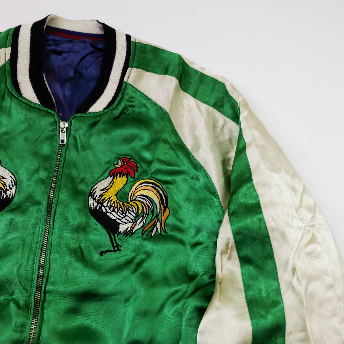 IOLANI Vintage Japanese Sukajan Jacket Rooster Chicken Embroidery Reversible Souvenir Bomber Tour Jacket Green Navy Zodiac Y2K