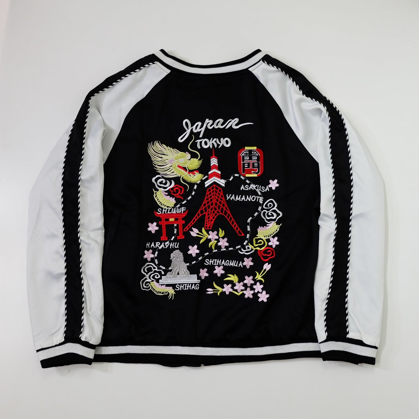 SNAKI Japan Tokyo Map Reversible Sukajan Souvenir Jacket XL | Tokyo Tower Asakusa Kaminarimon Sakura Embroidered Black White Yokosuka Bomber