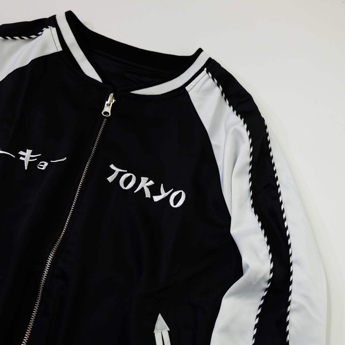SNAKI Japan Tokyo Map Reversible Sukajan Souvenir Jacket XL | Tokyo Tower Asakusa Kaminarimon Sakura Embroidered Black White Yokosuka Bomber