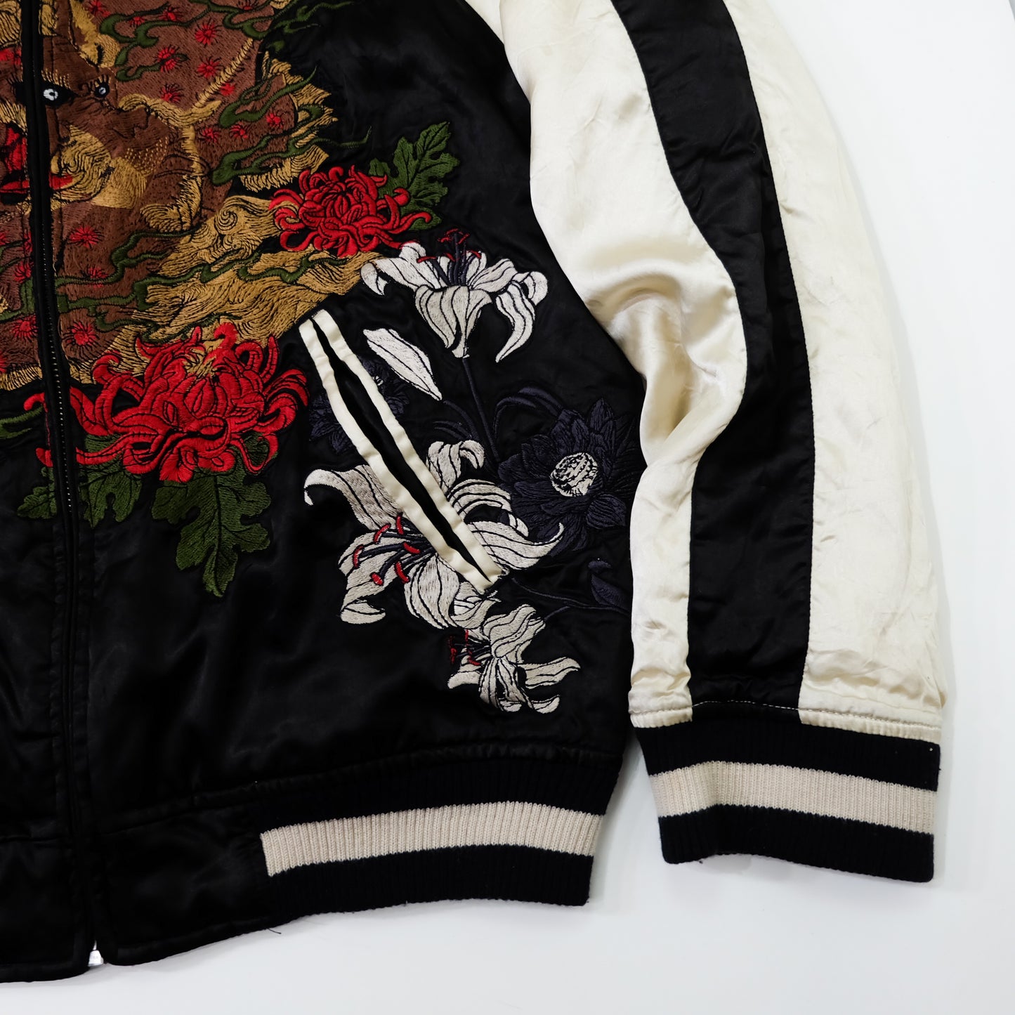 Japanese Appearance Tengoku Tenka Dragon Chrysanthemum Kiku Floral Reversible Sukajan Jacket M | Black Ivory Embroidered Yokosuka Souvenir Bomber