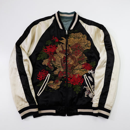 Japanese Appearance Tengoku Tenka Dragon Chrysanthemum Kiku Floral Reversible Sukajan Jacket M | Black Ivory Embroidered Yokosuka Souvenir Bomber