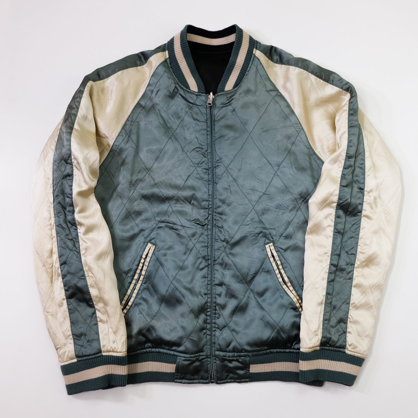 Japanese Appearance Tengoku Tenka Dragon Chrysanthemum Kiku Floral Reversible Sukajan Jacket M | Black Ivory Embroidered Yokosuka Souvenir Bomber