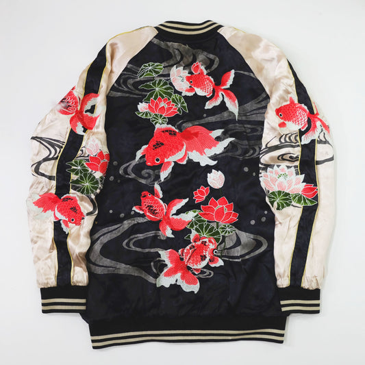 Miyabi Musubi Reversible Sukajan Jacket – Kingyo Goldfish Lotus & Twin Dragon Chrysanthemum Japanese Embroidery