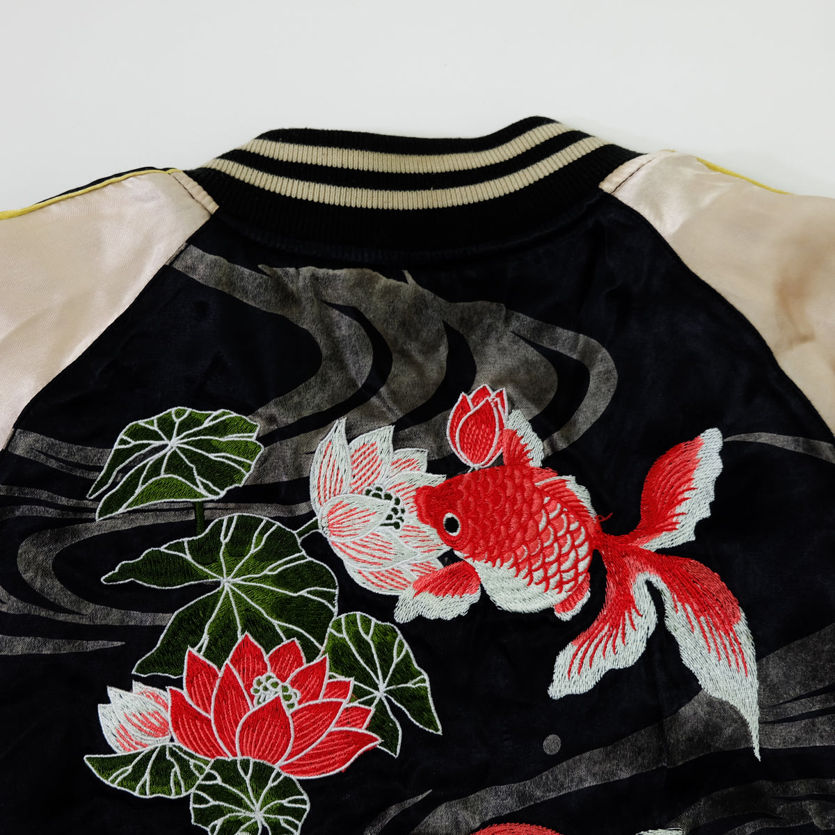 Miyabi Musubi Reversible Sukajan Jacket – Kingyo Goldfish Lotus & Twin Dragon Chrysanthemum Japanese Embroidery