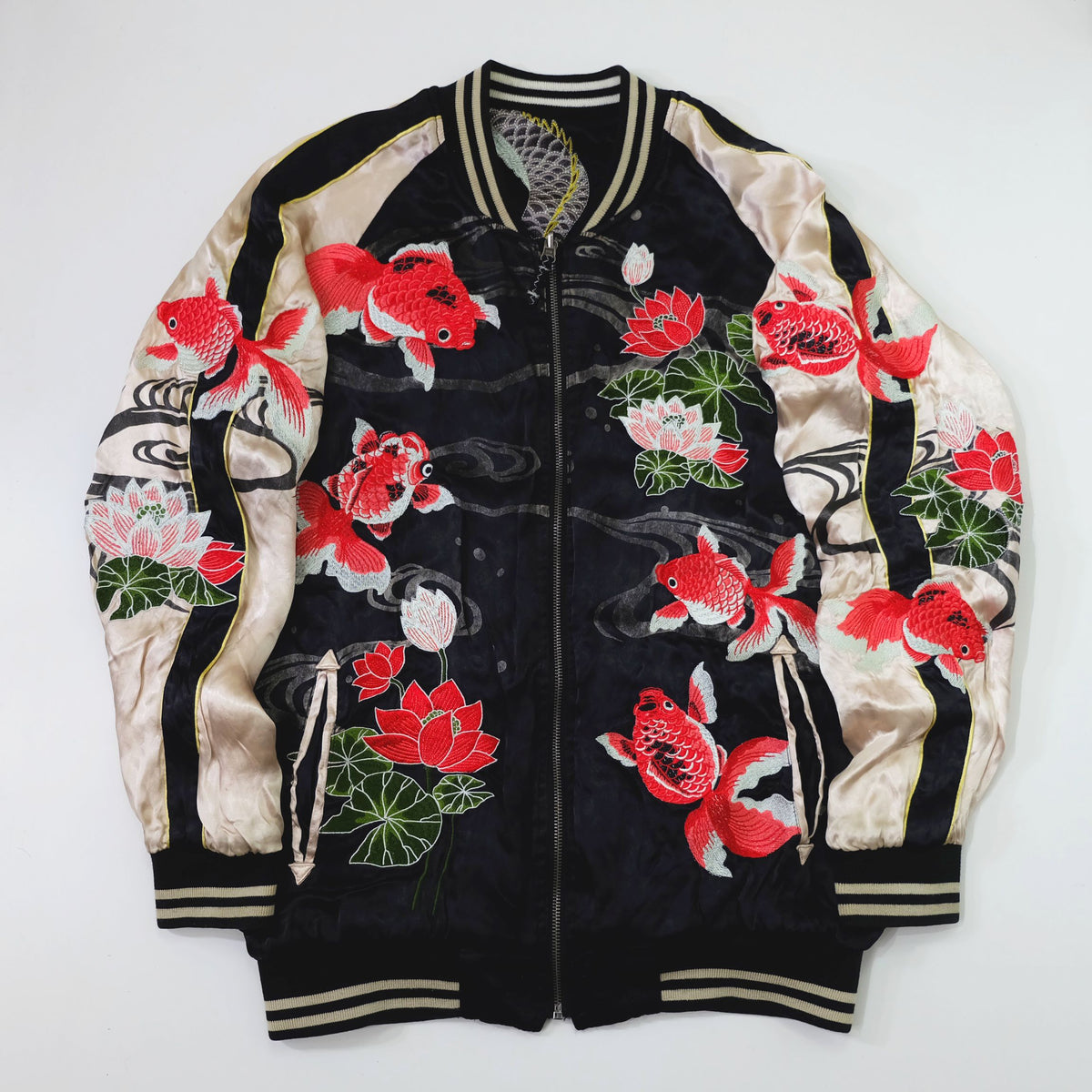 Miyabi Musubi Reversible Sukajan Jacket – Kingyo Goldfish Lotus & Twin Dragon Chrysanthemum Japanese Embroidery