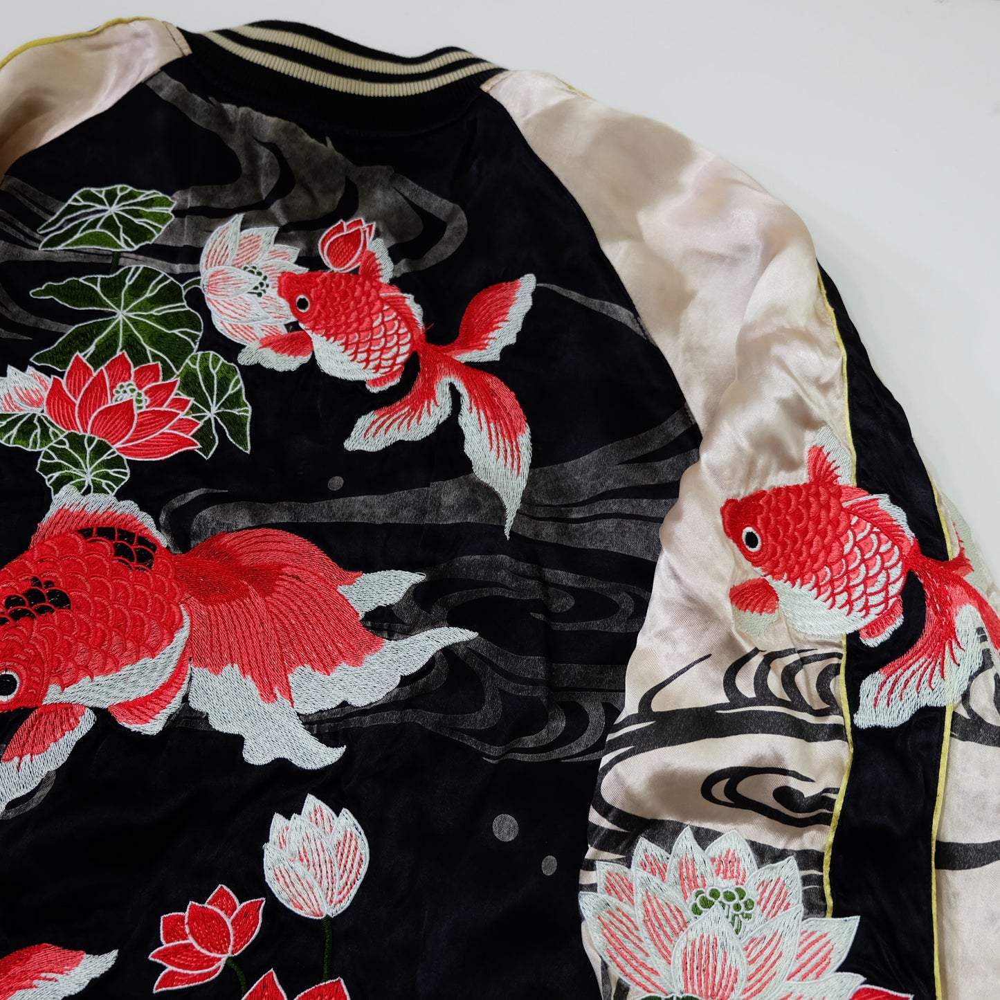 Miyabi Musubi Reversible Sukajan Jacket – Kingyo Goldfish Lotus & Twin Dragon Chrysanthemum Japanese Embroidery