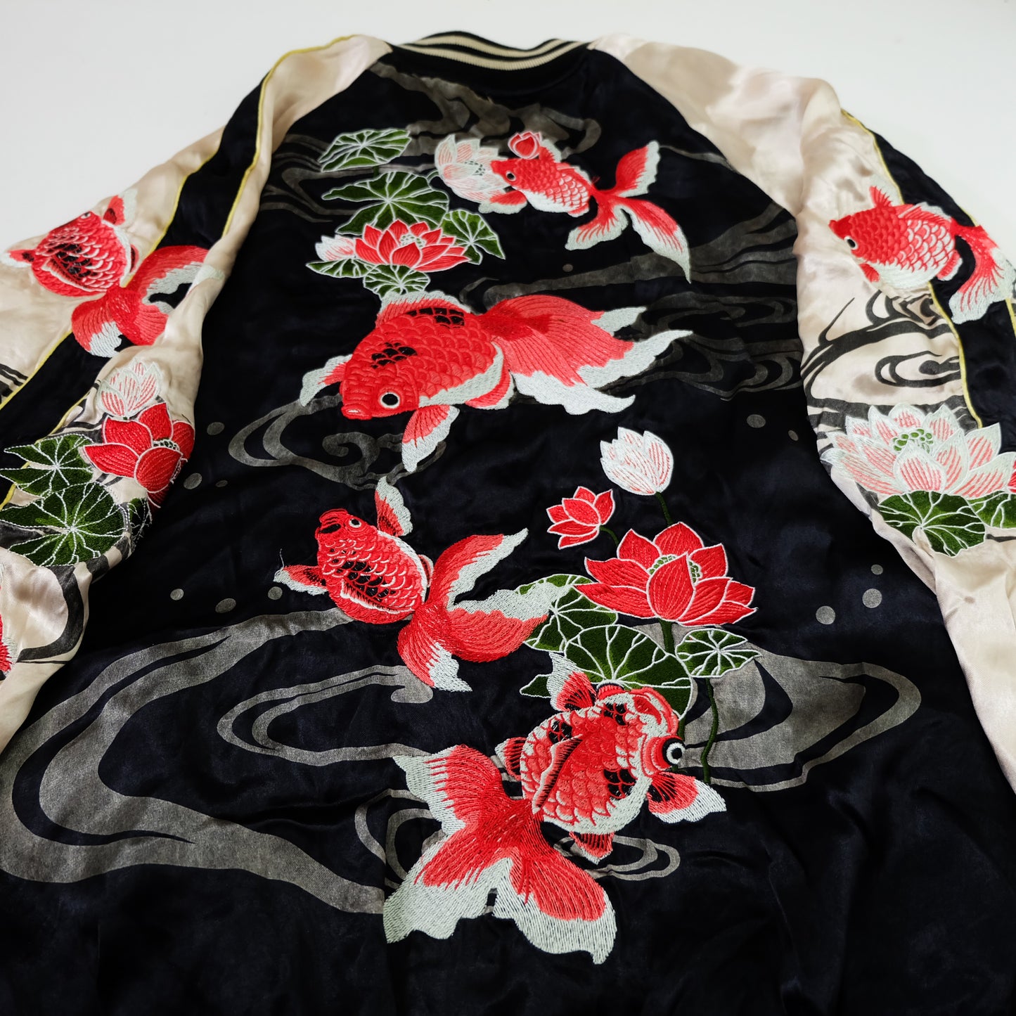 Miyabi Musubi Reversible Sukajan Jacket – Kingyo Goldfish Lotus & Twin Dragon Chrysanthemum Japanese Embroidery