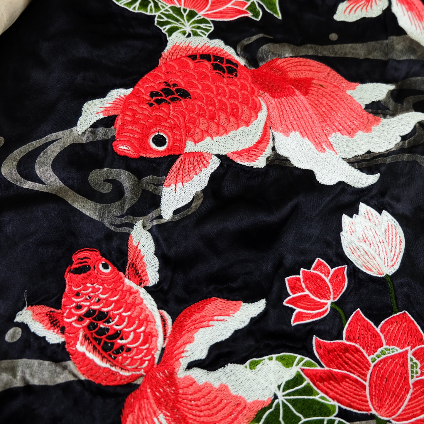 Miyabi Musubi Reversible Sukajan Jacket – Kingyo Goldfish Lotus & Twin Dragon Chrysanthemum Japanese Embroidery