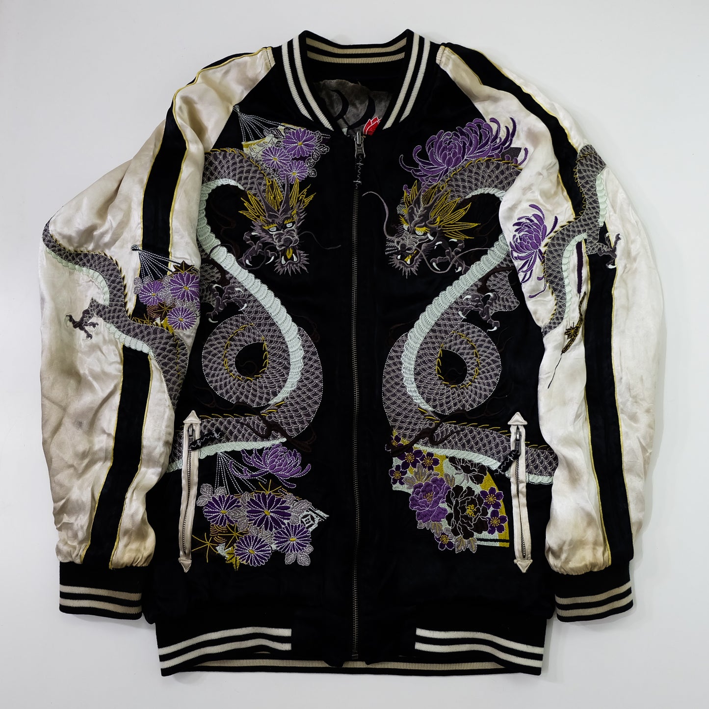 Miyabi Musubi Reversible Sukajan Jacket – Kingyo Goldfish Lotus & Twin Dragon Chrysanthemum Japanese Embroidery