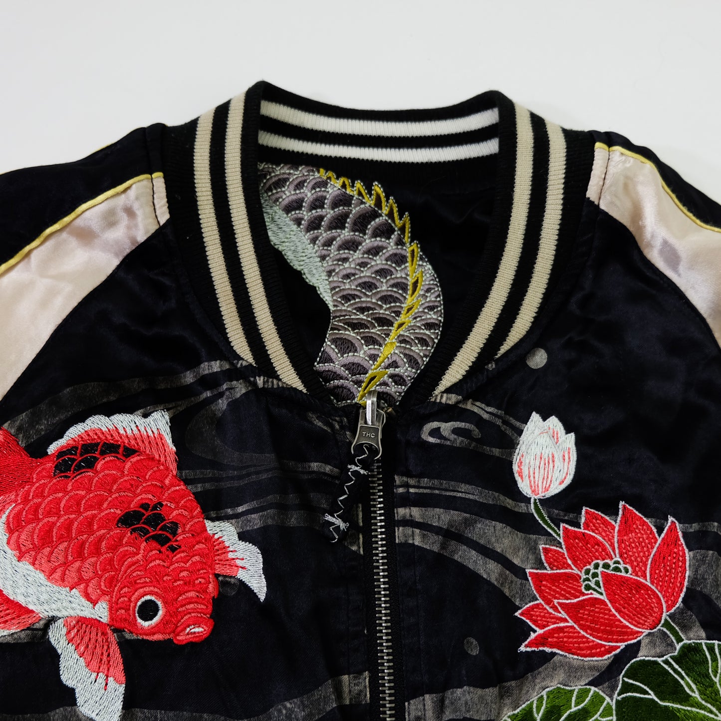Miyabi Musubi Reversible Sukajan Jacket – Kingyo Goldfish Lotus & Twin Dragon Chrysanthemum Japanese Embroidery