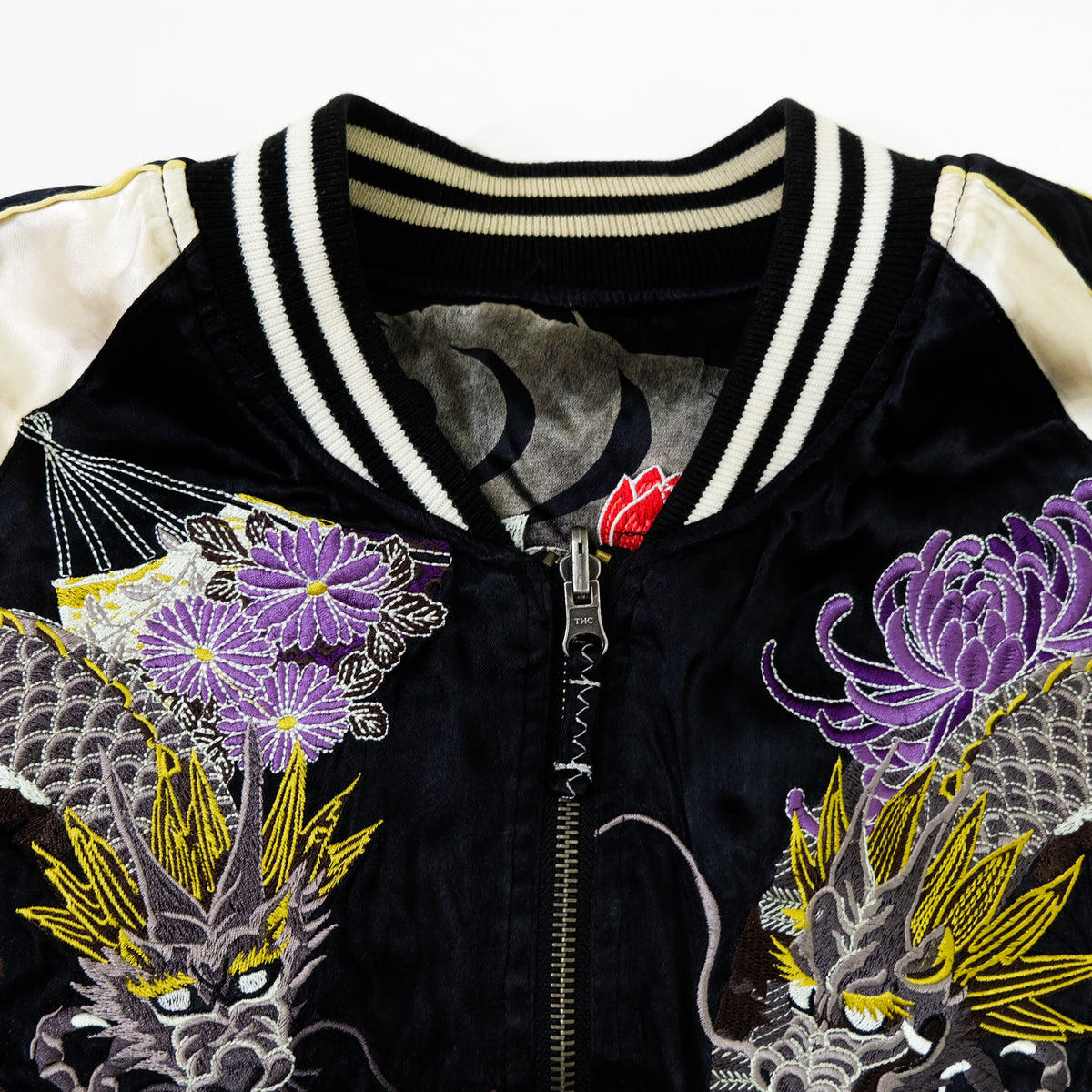 Miyabi Musubi Reversible Sukajan Jacket – Kingyo Goldfish Lotus & Twin Dragon Chrysanthemum Japanese Embroidery