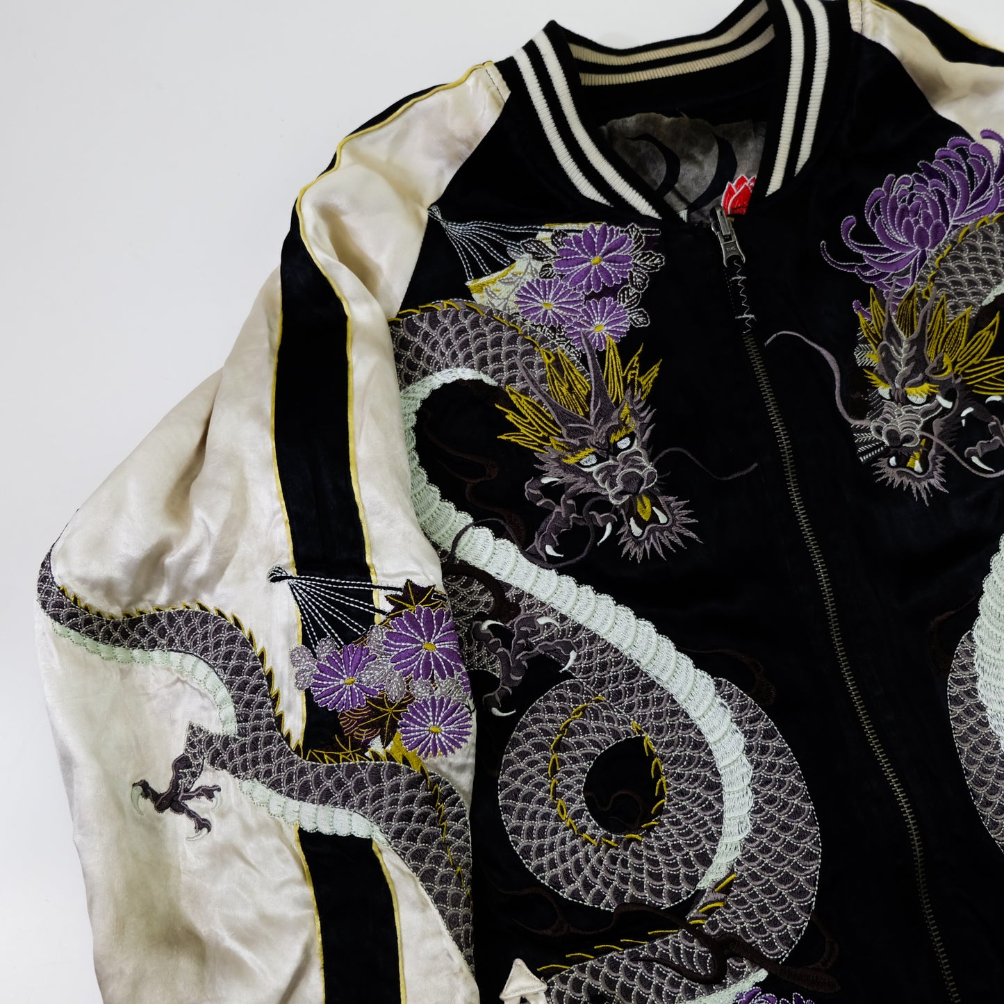 Miyabi Musubi Reversible Sukajan Jacket – Kingyo Goldfish Lotus & Twin Dragon Chrysanthemum Japanese Embroidery