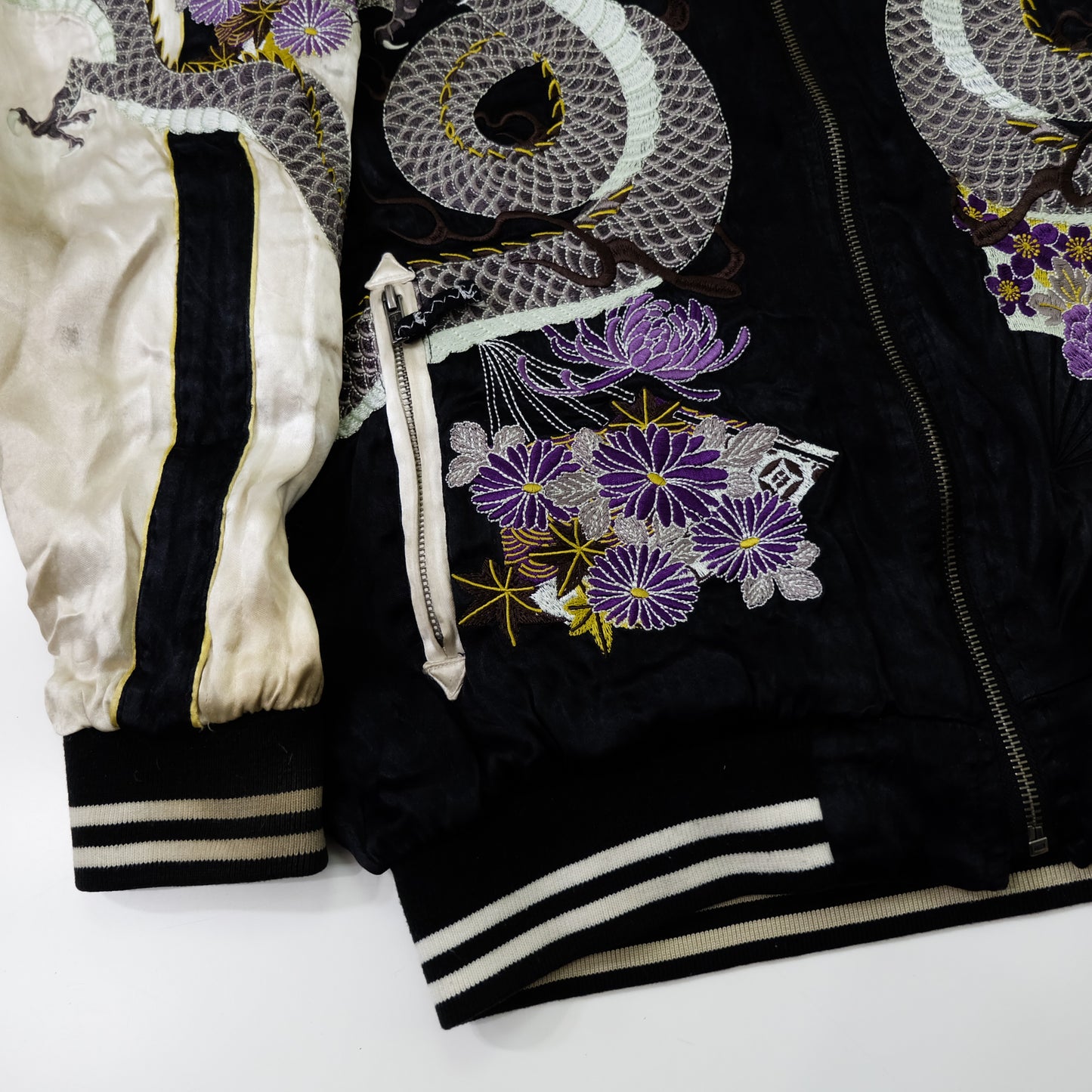Miyabi Musubi Reversible Sukajan Jacket – Kingyo Goldfish Lotus & Twin Dragon Chrysanthemum Japanese Embroidery