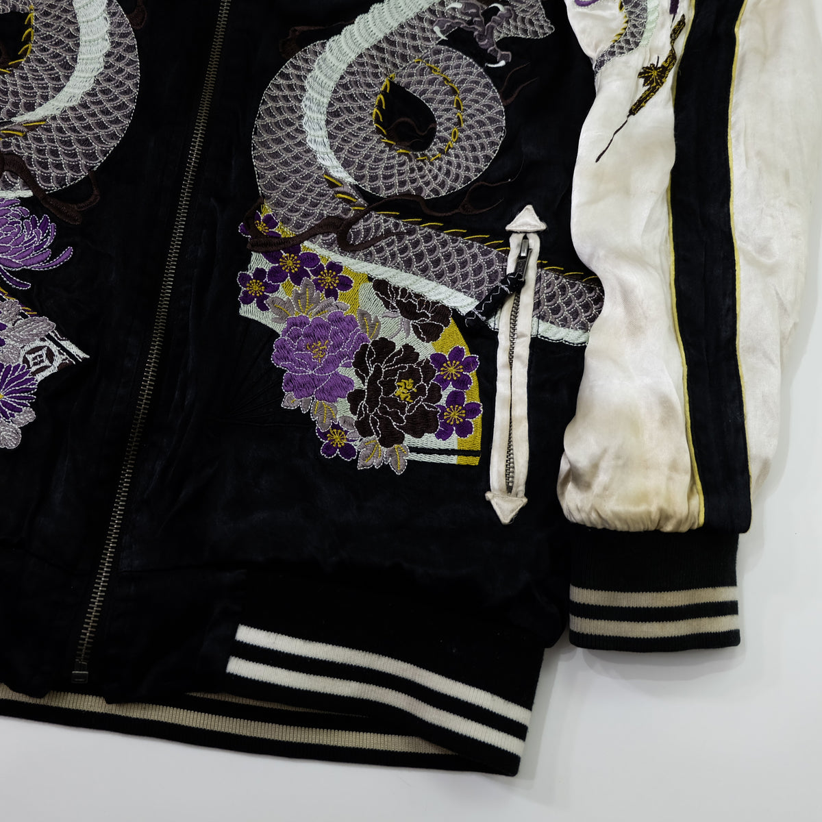 Miyabi Musubi Reversible Sukajan Jacket – Kingyo Goldfish Lotus & Twin Dragon Chrysanthemum Japanese Embroidery